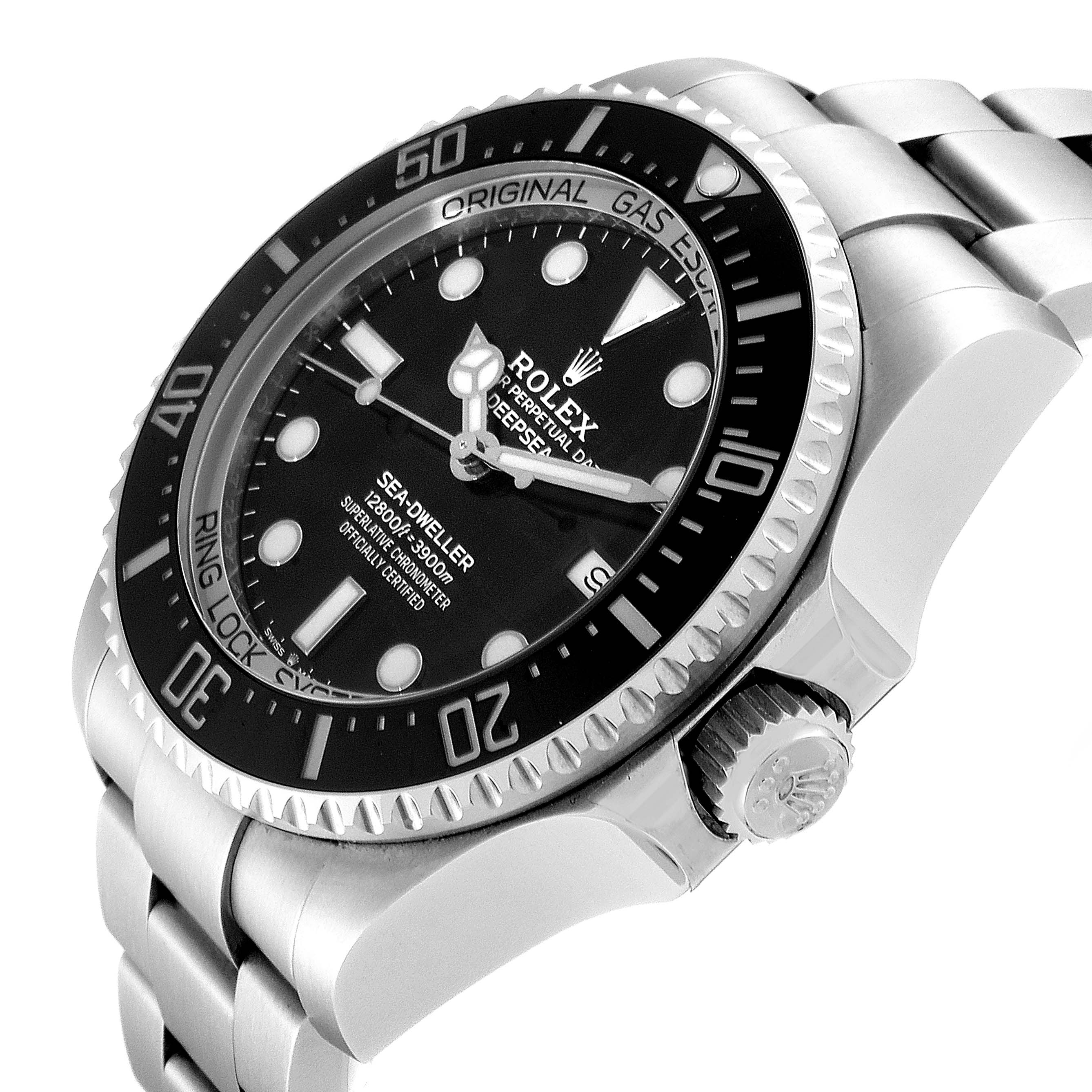 A side angle of a Rolex Sea-Dweller 126660 Men
s Stainless Steel Black Dial 126660 Men
s Stainless Steel Black Dial showcasing the dial, bezel, crown, and part of the bracelet.