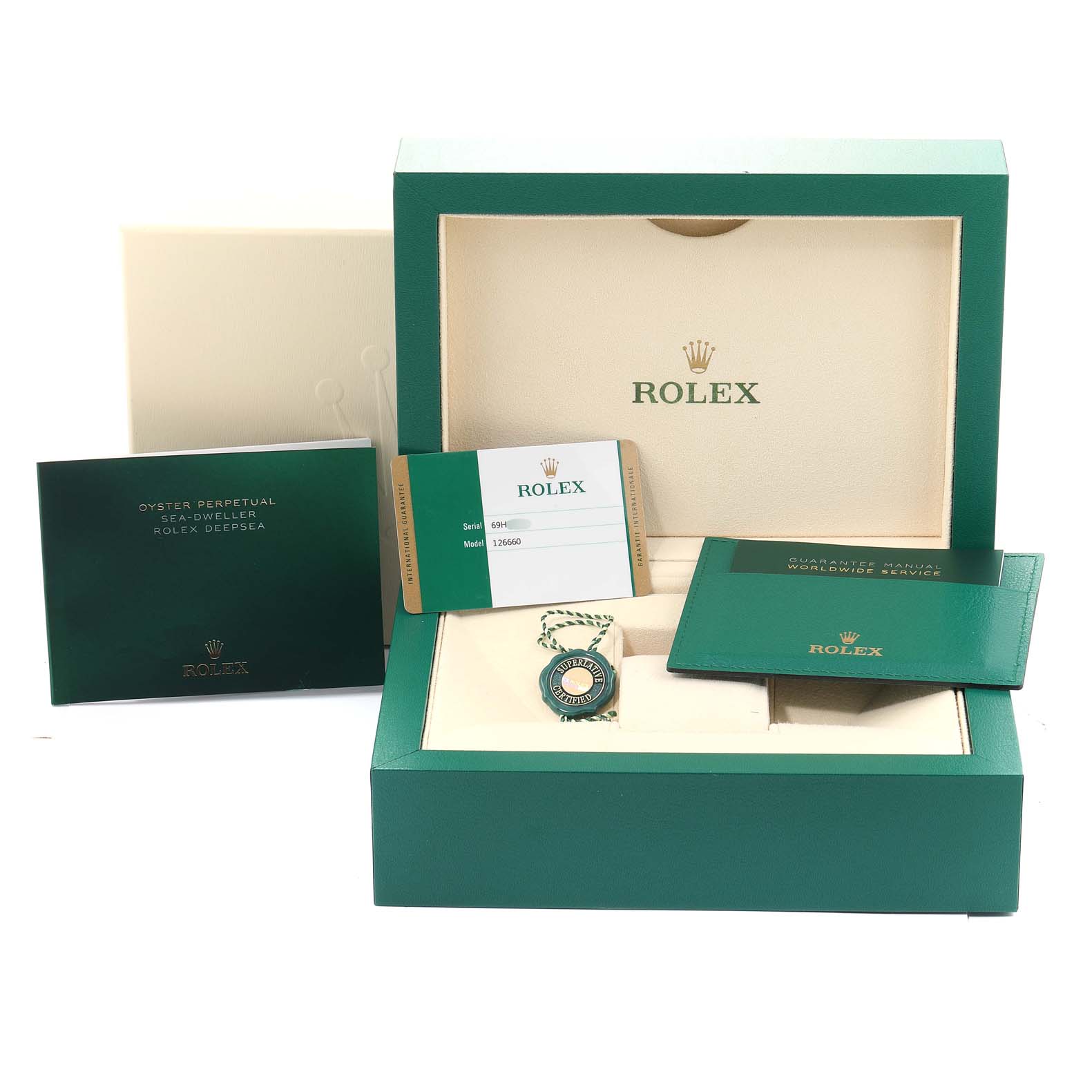 The image shows the packaging, manuals, Best Quality
ity card, and tag of a Rolex Sea-Dweller 126660 Men
s Stainless Steel Black Dial 126660 Men
s Stainless Steel Black Dial watch.