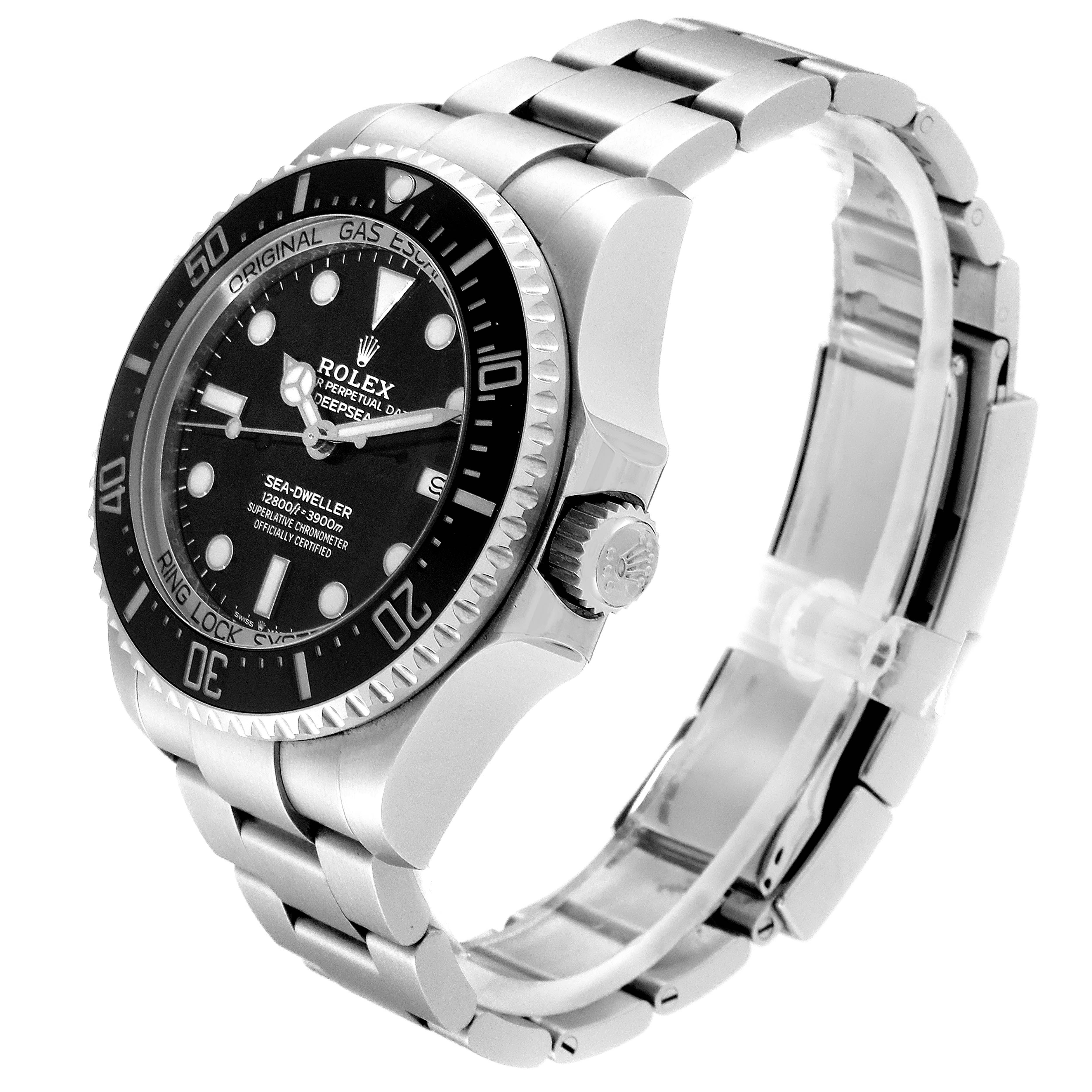 The image shows a side angle of a Rolex Sea-Dweller 126660 Men
s Stainless Steel Black Dial 126660 Men
s Stainless Steel Black Dial watch, displaying the bezel, dial, crown, and bracelet.