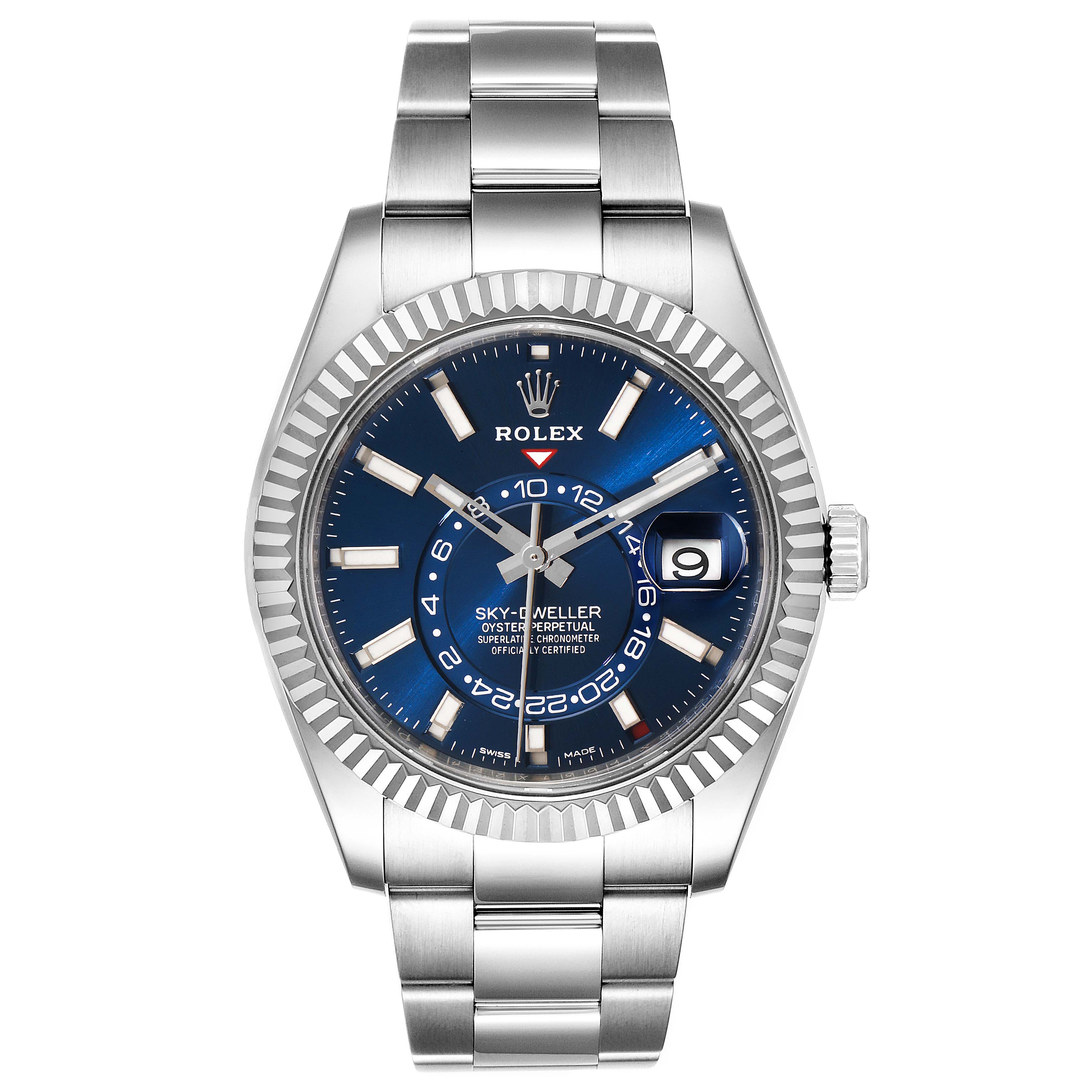 The image shows a front view of the Rolex Sky-Dweller 326934 Men's Stainless Steel Blue Dial 326934 Men's Stainless Steel Blue Dial watch, displaying its blue dial, fluted bezel, and stainless steel bracelet.