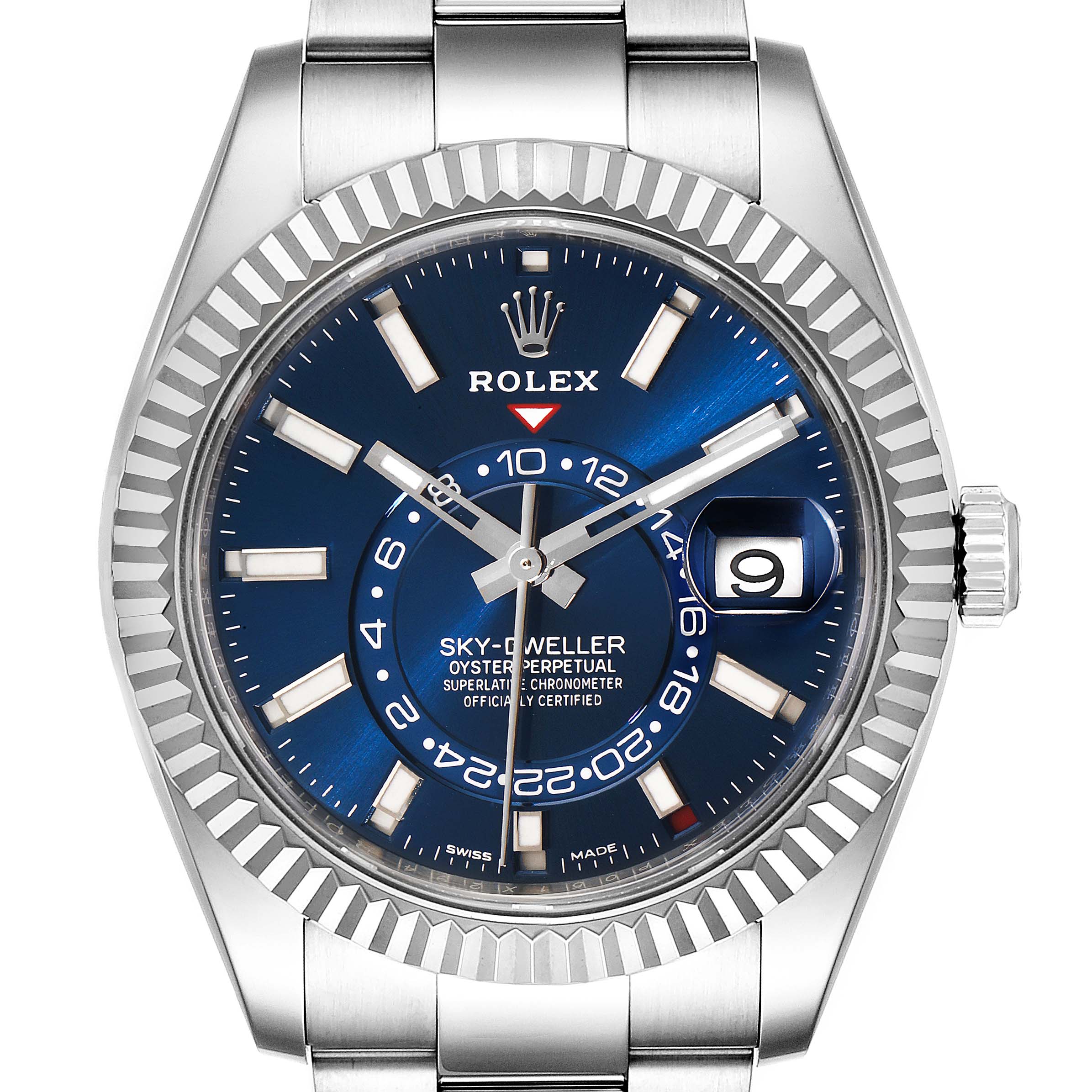 This image shows a front view of the Rolex Sky-Dweller 326934 Men's Stainless Steel Blue Dial 326934 Men's Stainless Steel Blue Dial watch, highlighting the face, bezel, and part of the bracelet.
