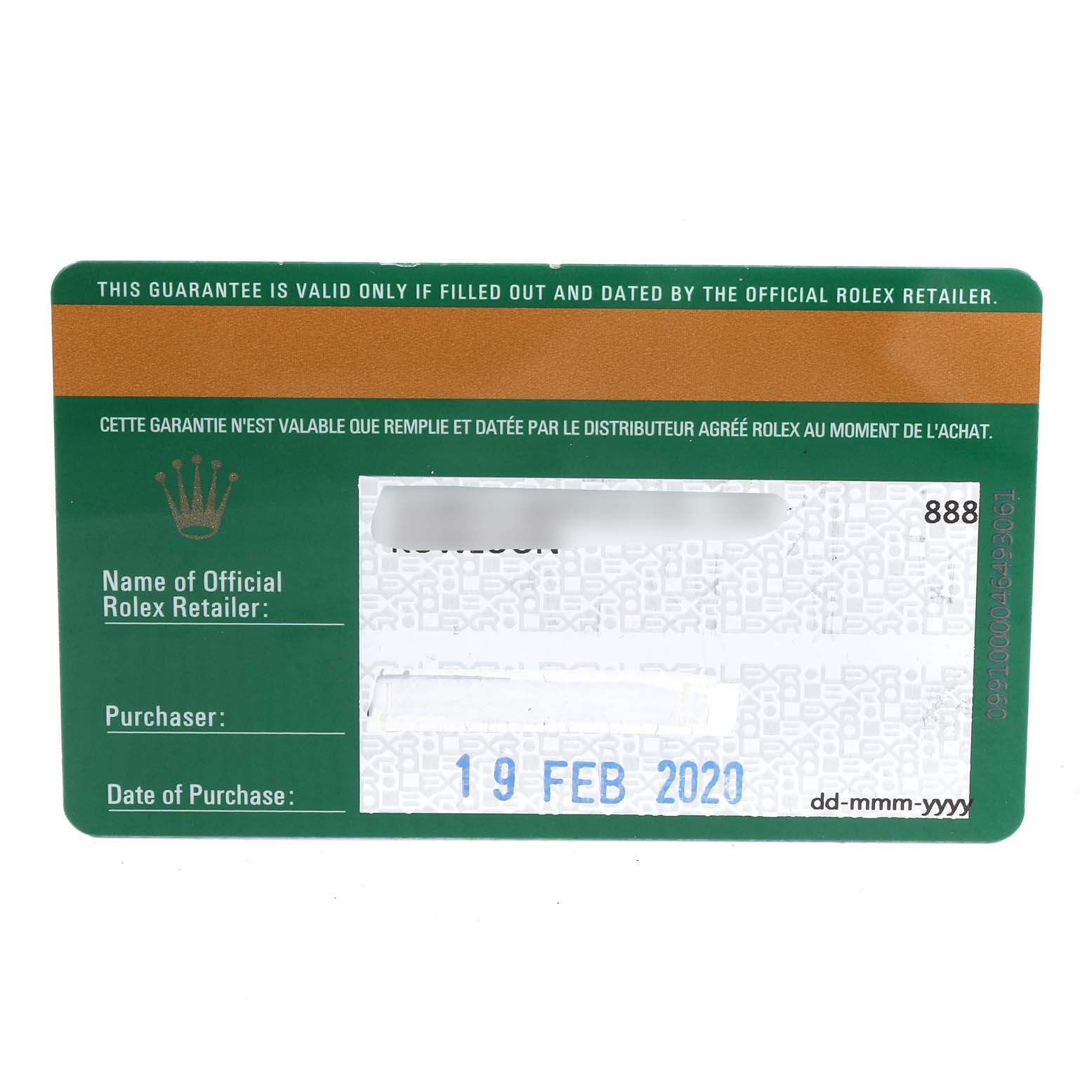 This is a guarantee card for the Rolex Sky-Dweller 326934 Men's Stainless Steel Blue Dial 326934 Men's Stainless Steel Blue Dial model, showing the date of purchase and retailer information.