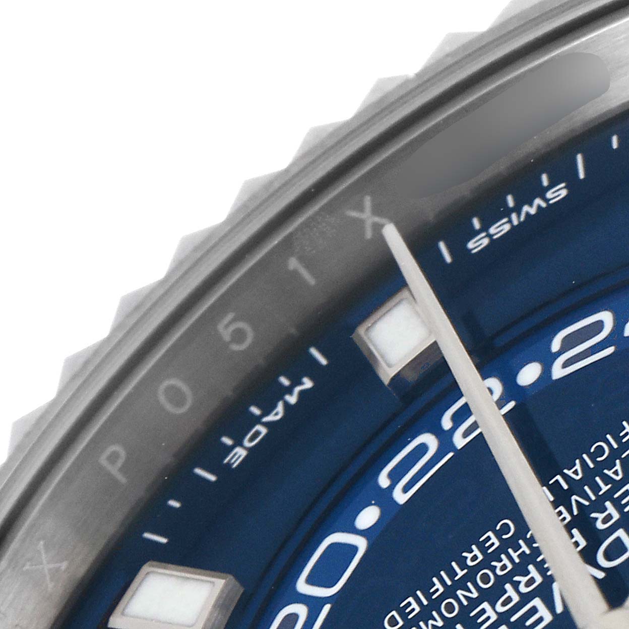 The image shows a close-up of the dial and partially visible bezel of the Rolex Sky-Dweller 326934 Men's Stainless Steel Blue Dial 326934 Men's Stainless Steel Blue Dial watch model.