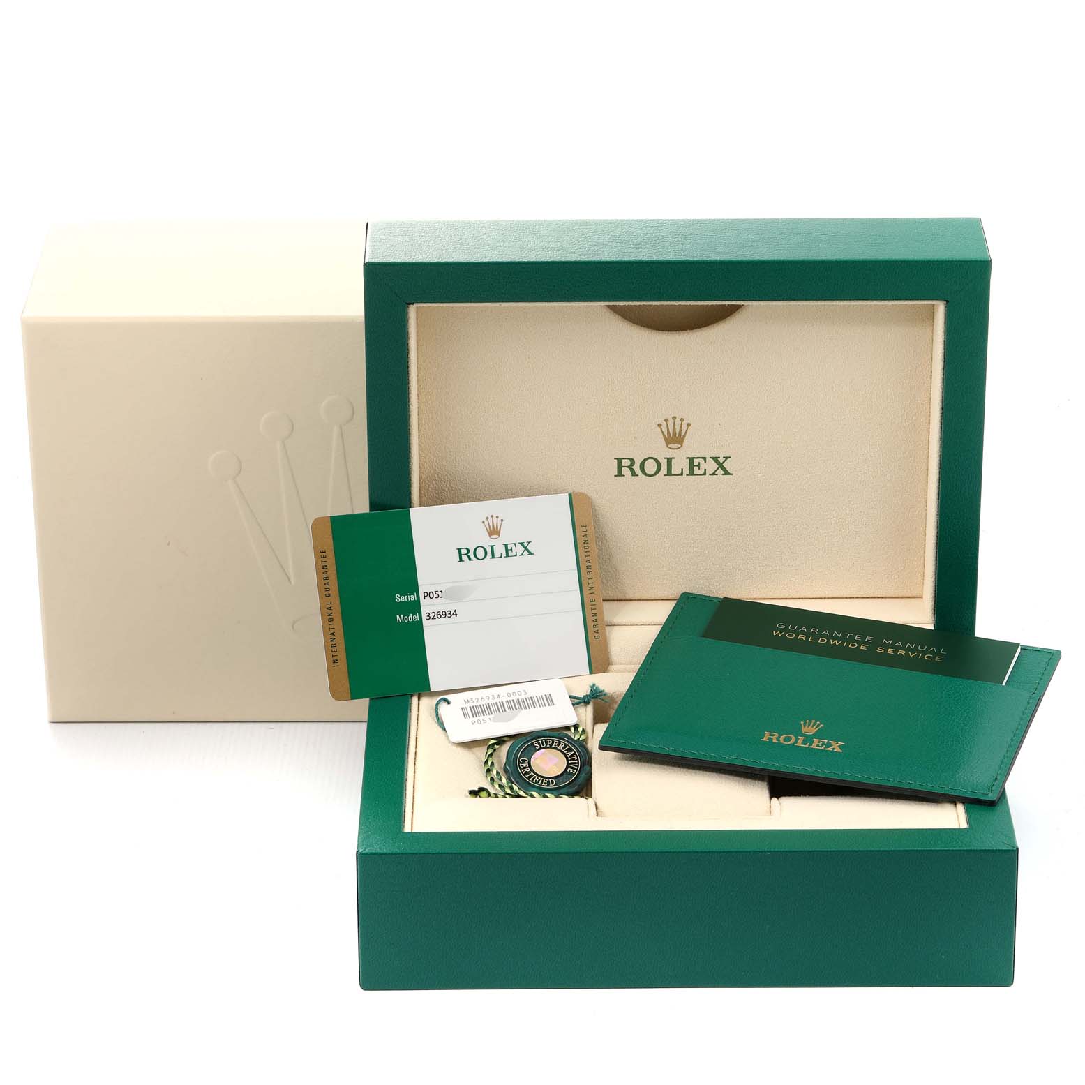 The image shows the Rolex Sky-Dweller 326934 Men's Stainless Steel Blue Dial 326934 Men's Stainless Steel Blue Dial watch box, guarantee manual, and authenticity card.