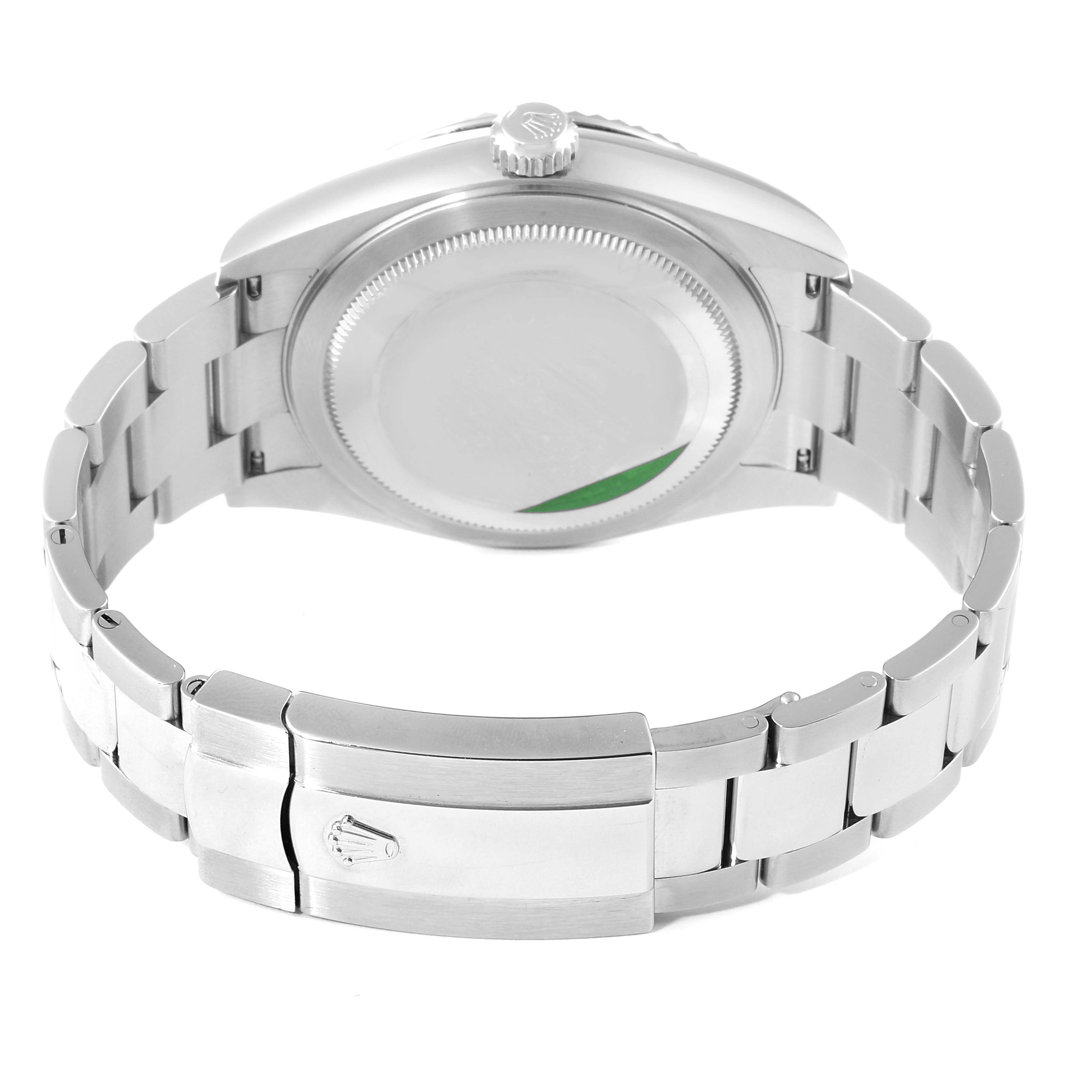 The image shows the back view of a Rolex Sky-Dweller 326934 Men's Stainless Steel Blue Dial 326934 Men's Stainless Steel Blue Dial watch, highlighting the clasp, bracelet, and case back.