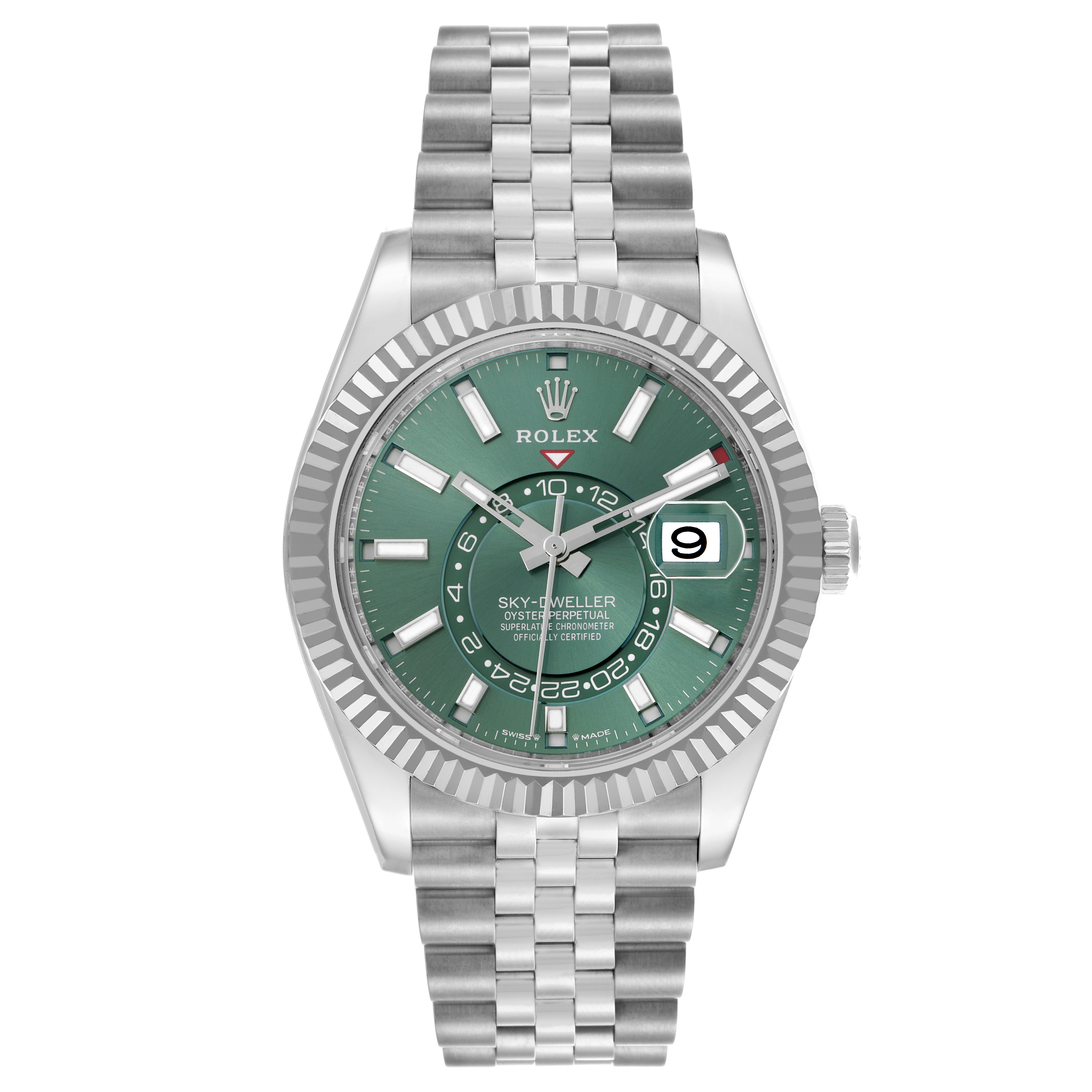 The Rolex Sky-Dweller 336934 Men's Stainless Steel Green Dial watch is shown front-facing, highlighting the dial, bezel, bracelet, and crown.