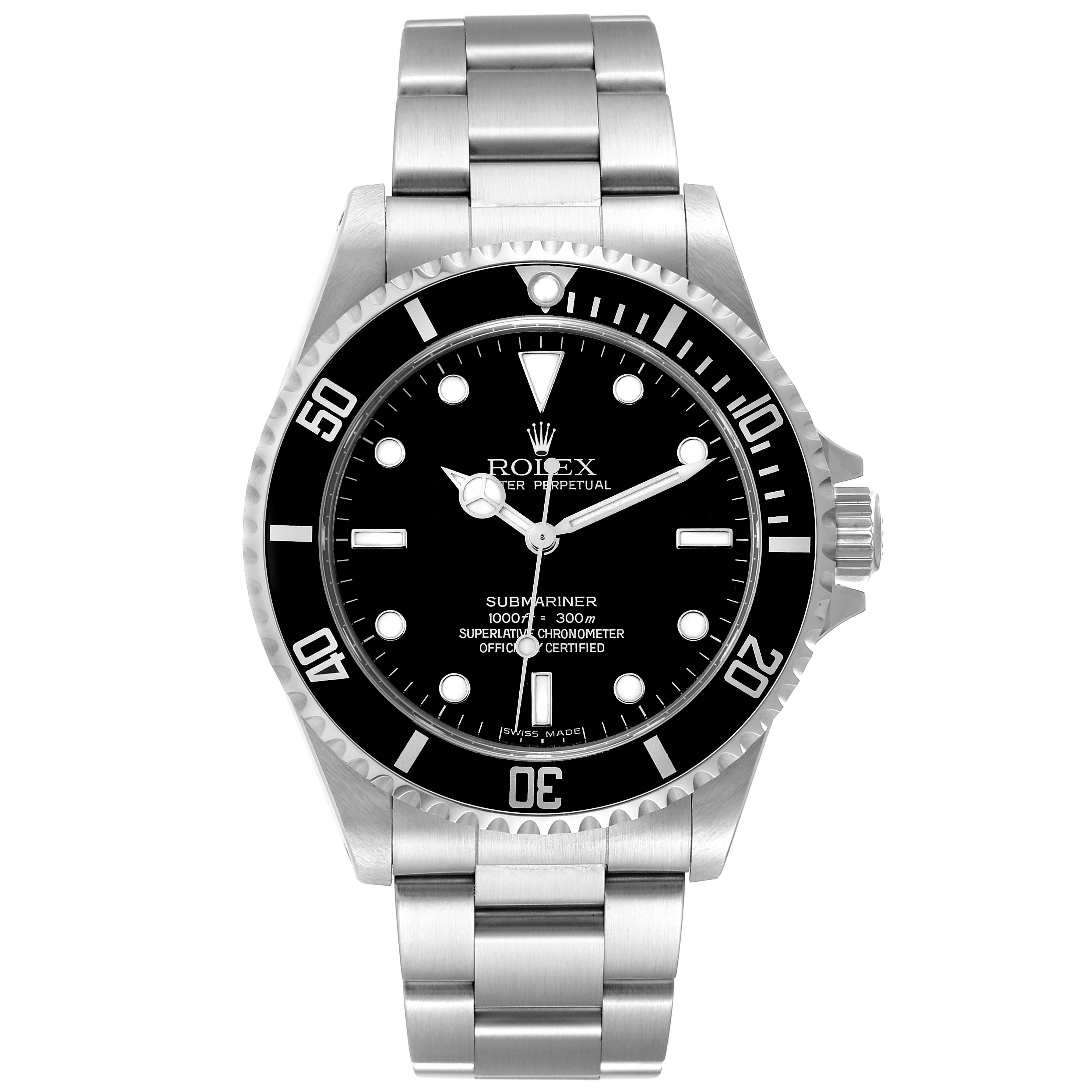 The image shows a front view of the Rolex Submariner 14060M Men
s Stainless Steel Black Dial 14060M Men
s Stainless Steel Black Dial watch displaying its dial, bezel, and bracelet.