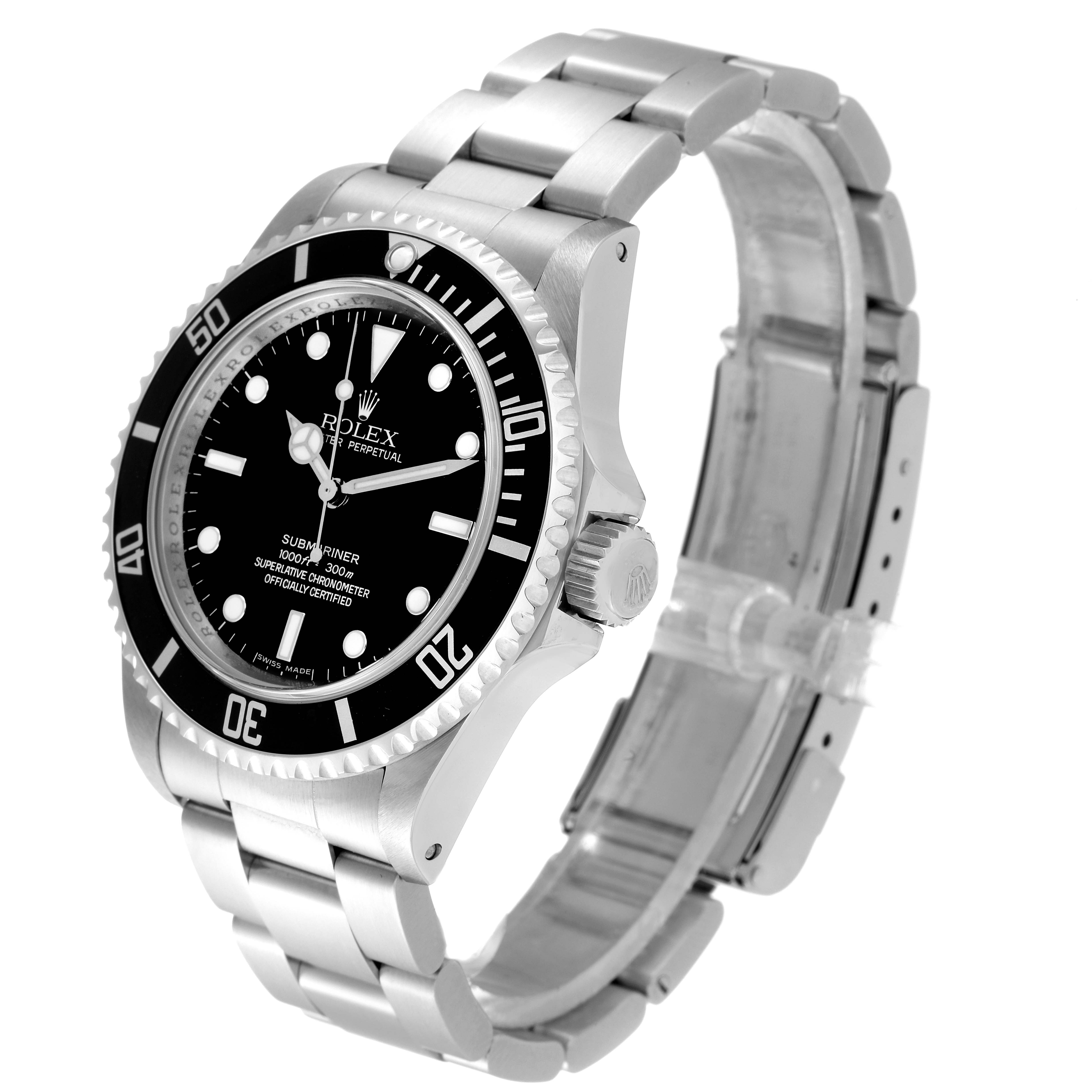 This image shows the Rolex Submariner 14060M Men
s Stainless Steel Black Dial 14060M Men
s Stainless Steel Black Dial watch at a slight angle, highlighting its bezel, dial, crown, and bracelet.