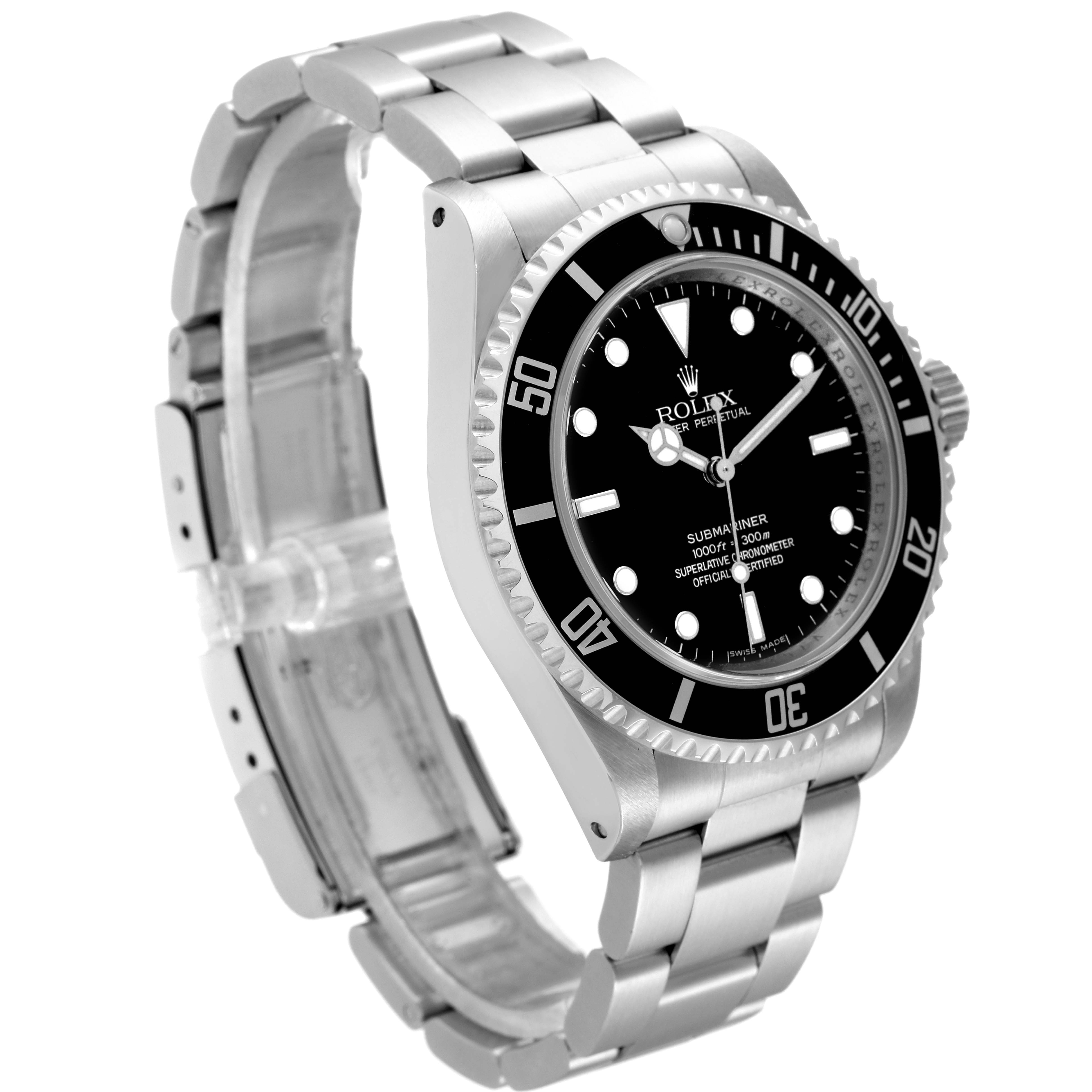 The Rolex Submariner 14060M Men
s Stainless Steel Black Dial 14060M Men
s Stainless Steel Black Dial watch is shown at an angle, displaying its face, bezel, case, and bracelet.