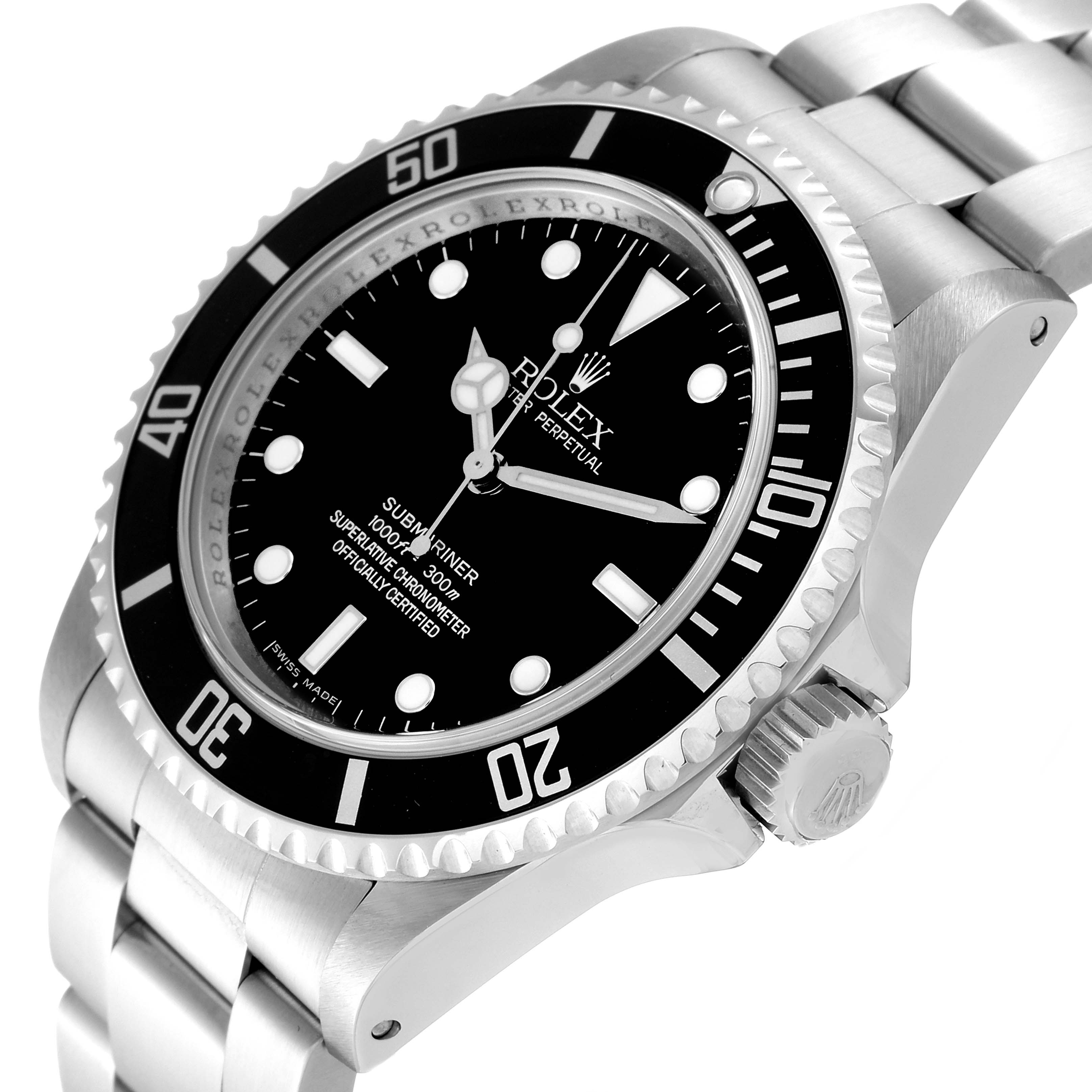 The image shows a side angle of the Rolex Submariner 14060M Men
s Stainless Steel Black Dial 14060M Men
s Stainless Steel Black Dial, displaying the bezel, dial, crown, and part of the bracelet.