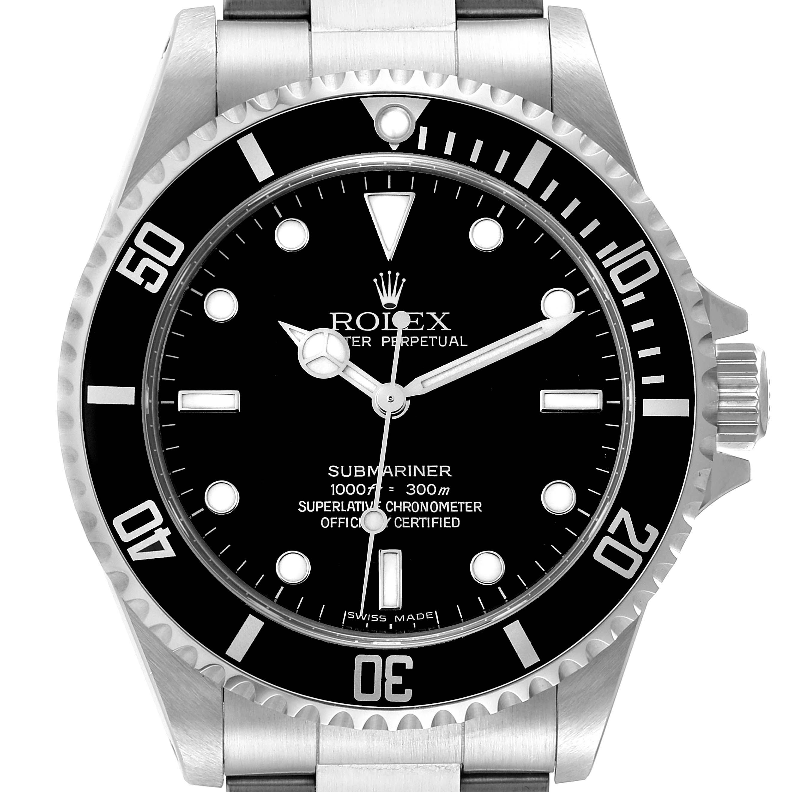 The image shows a front-facing view of the Rolex Submariner 14060M Men
s Stainless Steel Black Dial 14060M Men
s Stainless Steel Black Dial watch, showcasing its bezel, dial, and bracelet.