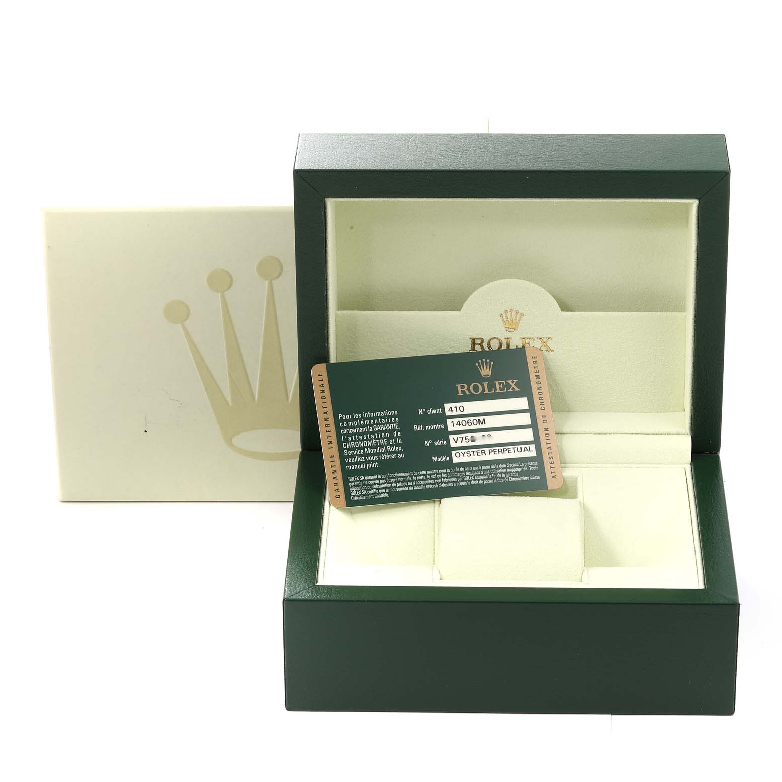 The image shows an open Rolex Submariner 14060M Men
s Stainless Steel Black Dial 14060M Men
s Stainless Steel Black Dial box with the warranty card inside, angled slightly to the front-right.