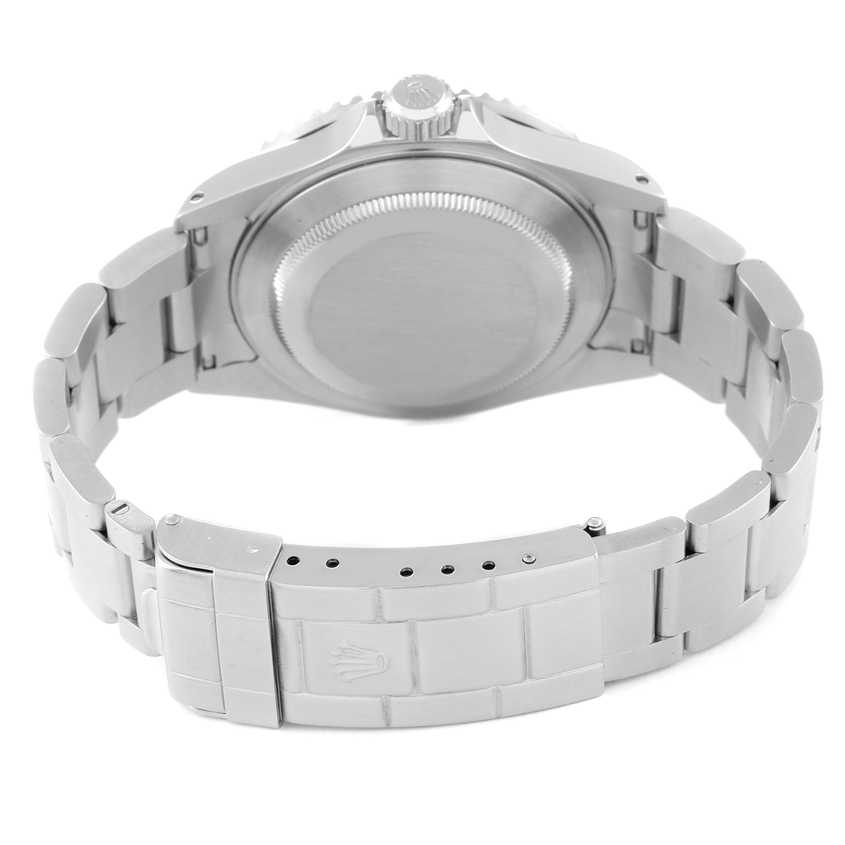 The image shows the back of a Rolex Submariner 16610 Men
s Stainless Steel Black Dial 16610 Men
s Stainless Steel Black Dial watch, highlighting the case back, crown, and metal bracelet with clasp.