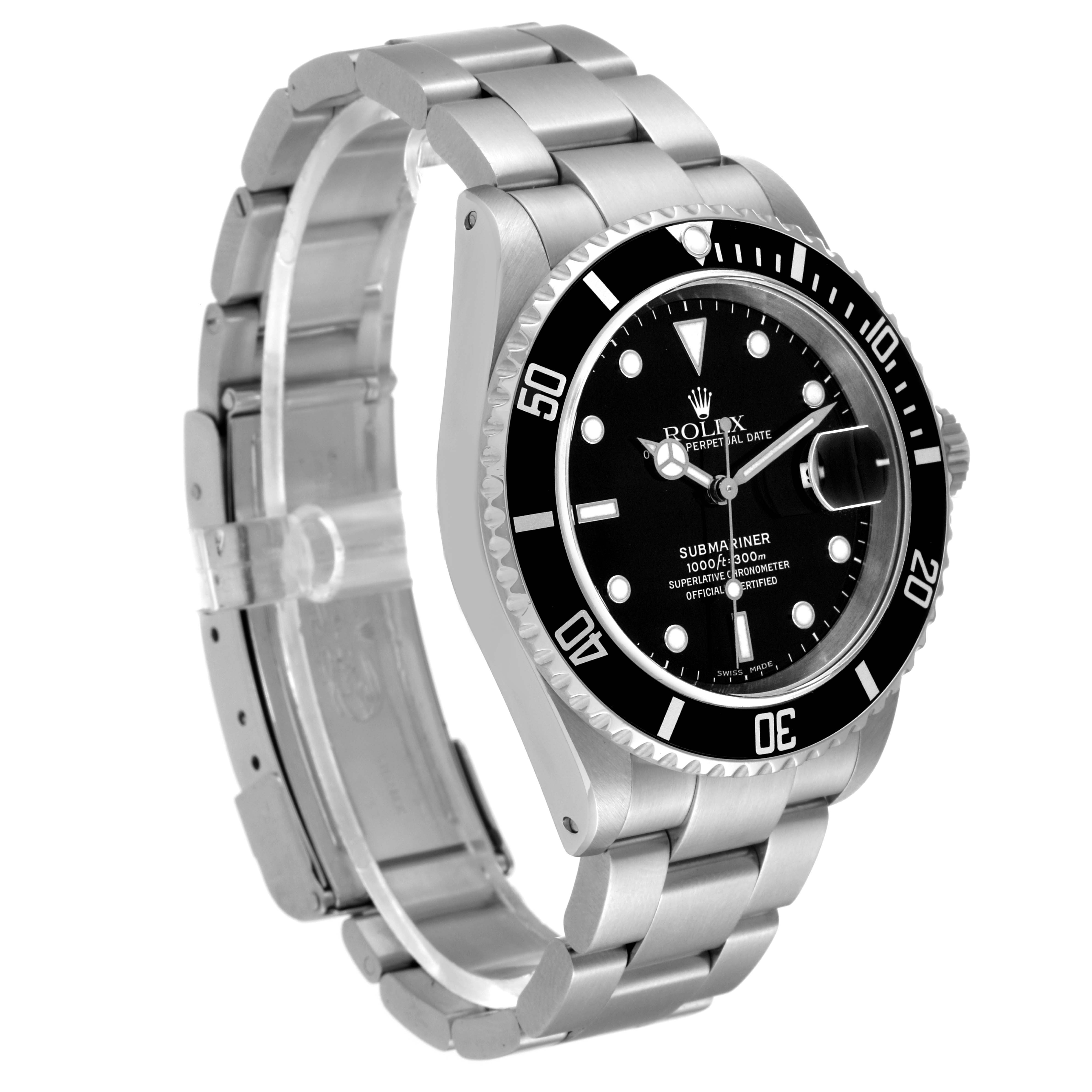 The image shows a three-quarter view of a Rolex Submariner 16610 Men
s Stainless Steel Black Dial 16610 Men
s Stainless Steel Black Dial watch, highlighting the face, bezel, and metal bracelet.