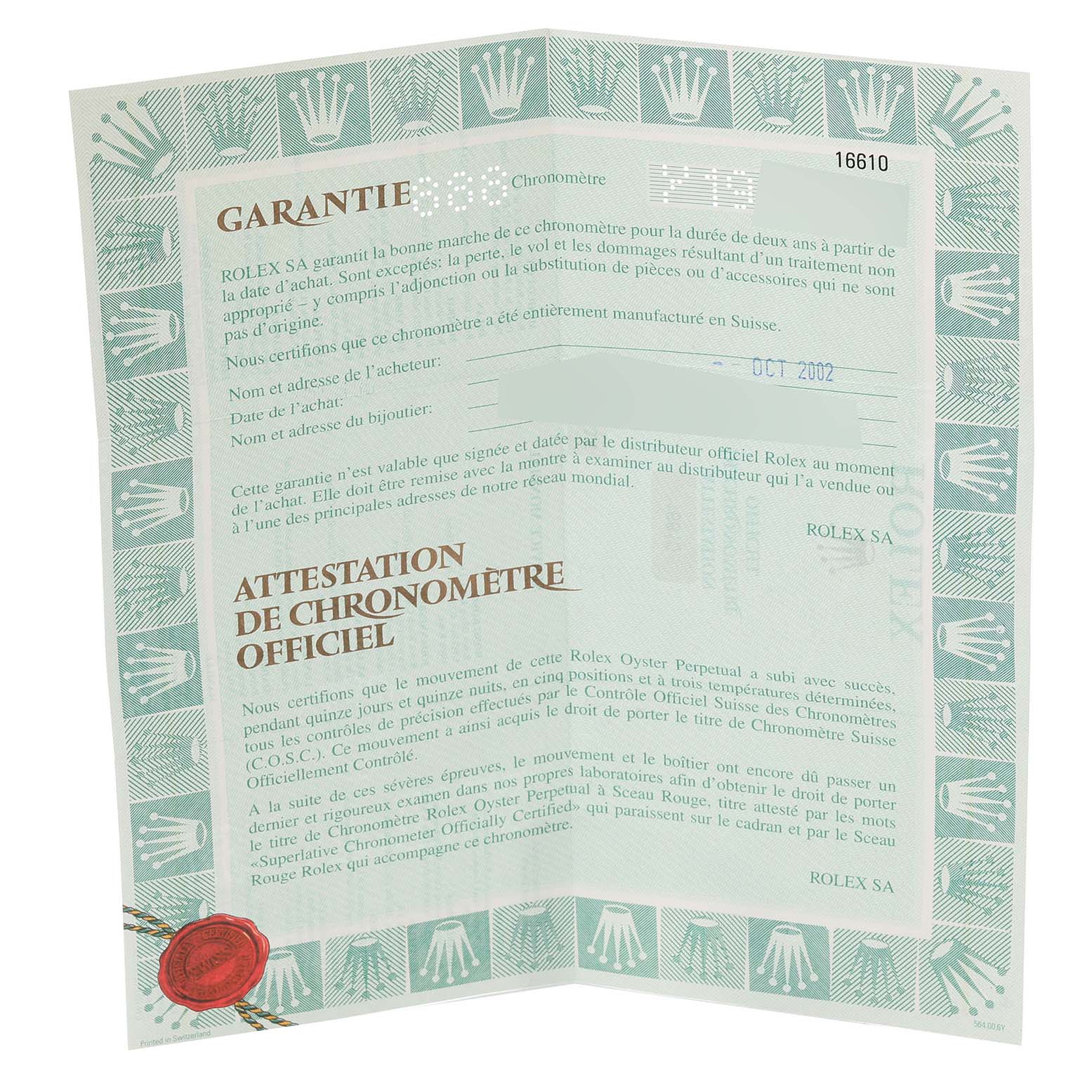 The image shows an open, detailed warranty and chronometer certificate for the Rolex Submariner 16610 Men
s Stainless Steel Black Dial 16610 Men
s Stainless Steel Black Dial model, dated October 2002.