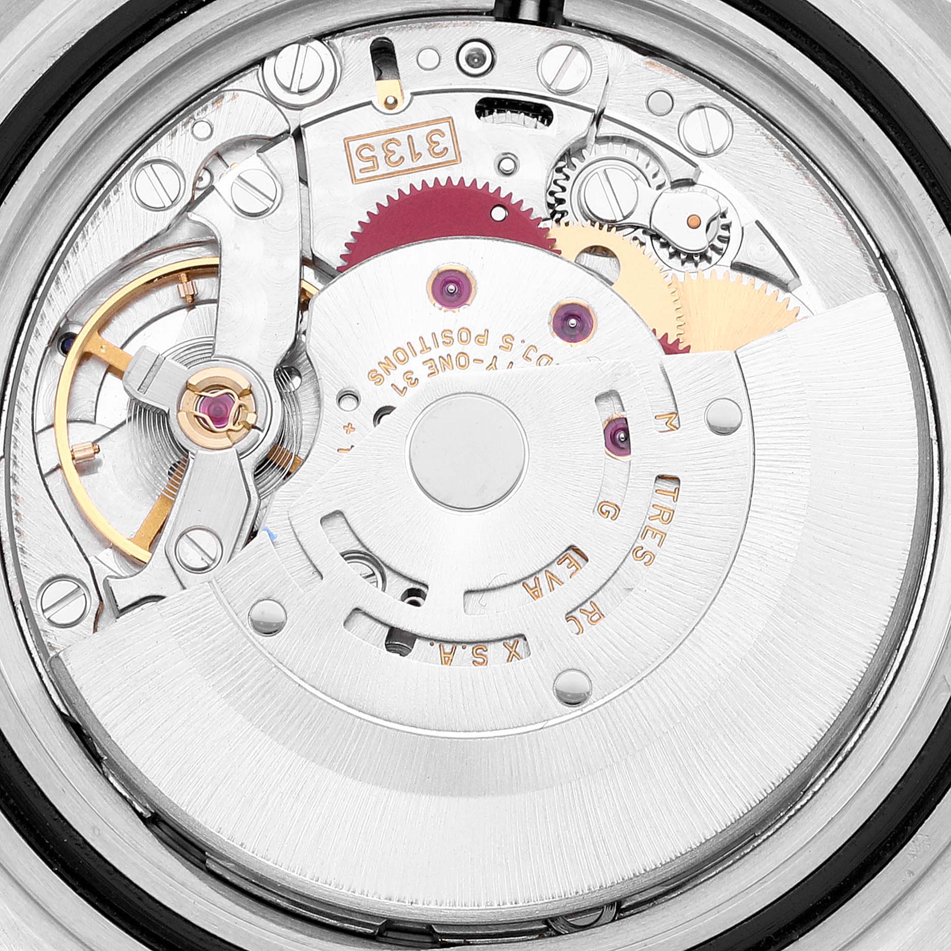 This image shows the intricate internal mechanism of the Rolex Submariner 16610 Men
s Stainless Steel Black Dial 16610 Men
s Stainless Steel Black Dial watch, highlighting gears and components at a close-up angle.