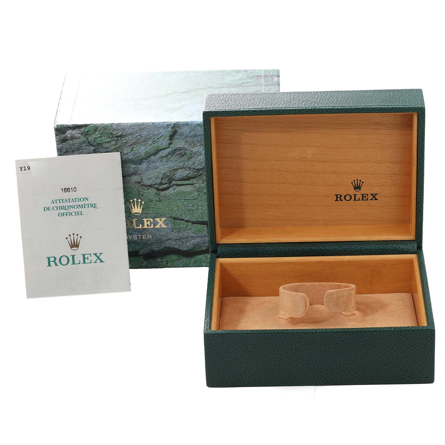 The image shows a Rolex Submariner 16610 Men
s Stainless Steel Black Dial 16610 Men
s Stainless Steel Black Dial box with the instruction manual, presented from an angled-top view.