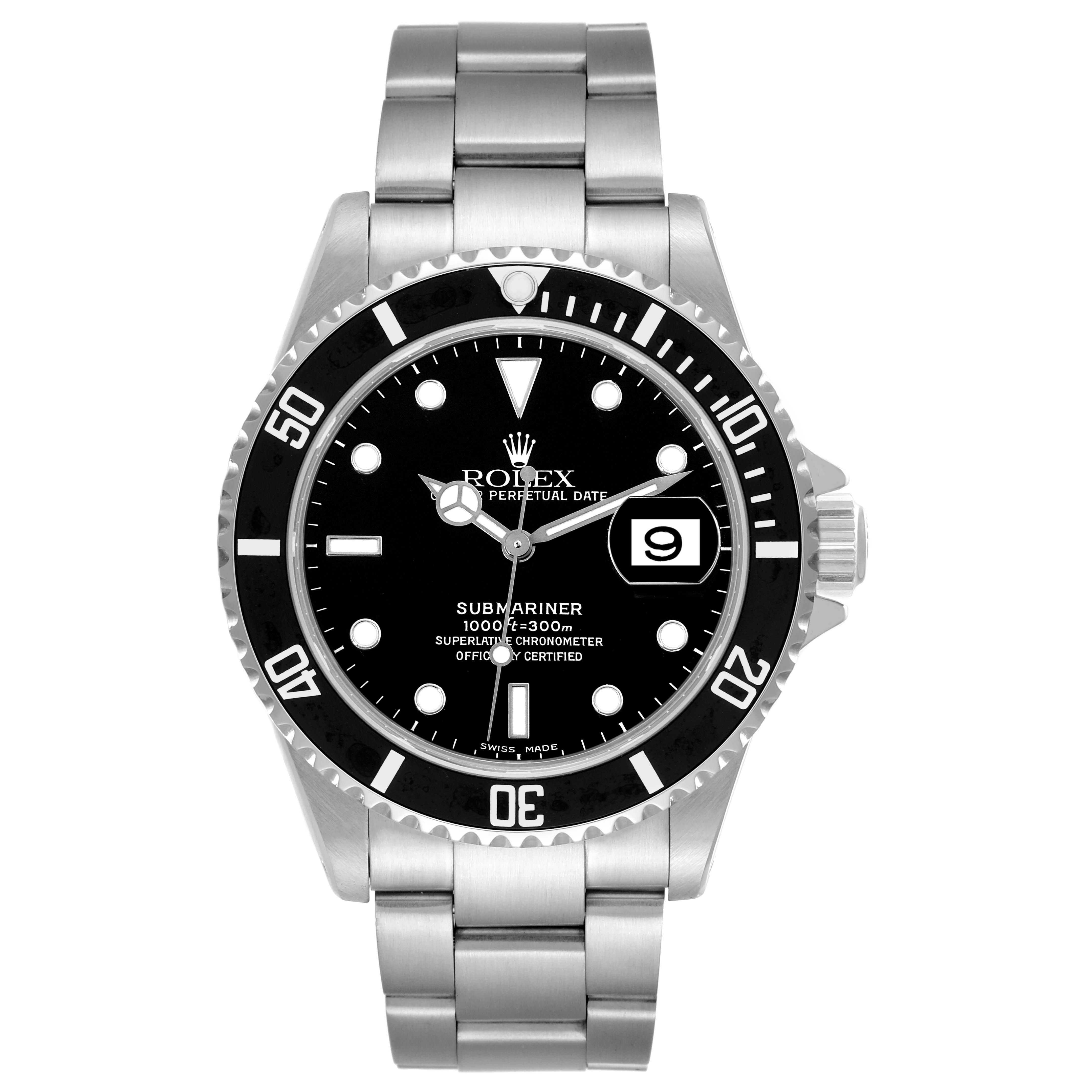 The image shows a front view of a Rolex Submariner 16610 Men
s Stainless Steel Black Dial 16610 Men
s Stainless Steel Black Dial watch, highlighting its black dial, bezel, oyster bracelet, and date window.