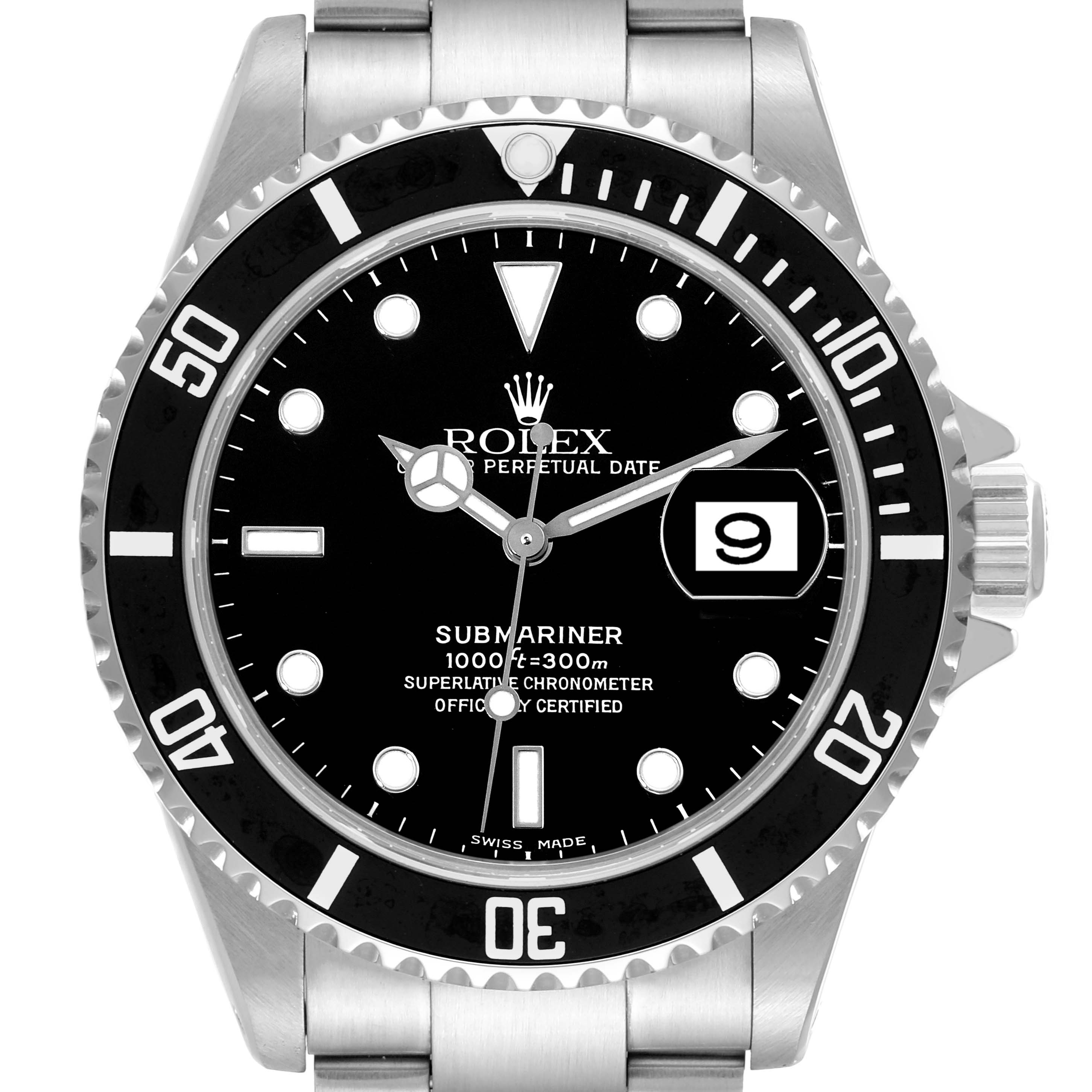 This image shows a front view of the Rolex Submariner 16610 Men
s Stainless Steel Black Dial 16610 Men
s Stainless Steel Black Dial watch, displaying its bezel, dial, hands, and date window.