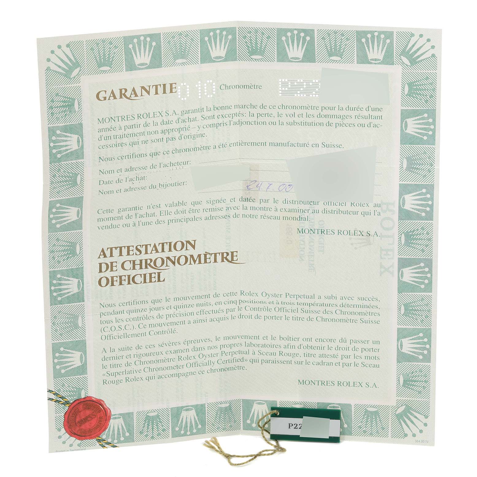 This image shows the warranty and certification papers for the Rolex Submariner 16610 Men
s Stainless Steel Black Dial 16610 Men
s Stainless Steel Black Dial model, featuring the brand
s logo and details.