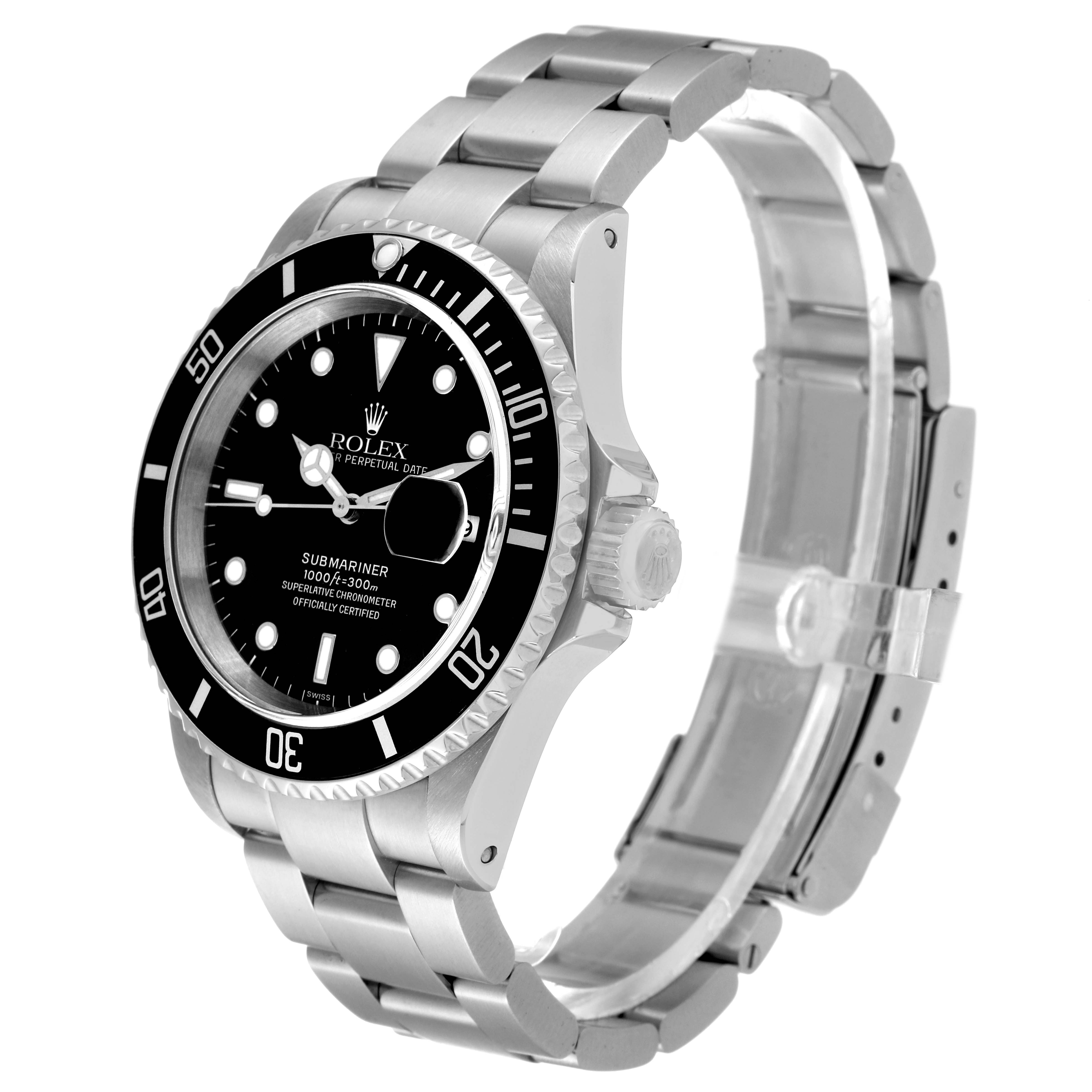 The image shows a side angle of the Rolex Submariner 16610 Men
s Stainless Steel Black Dial 16610 Men
s Stainless Steel Black Dial, highlighting the bezel, crown, bracelet, and clasp.