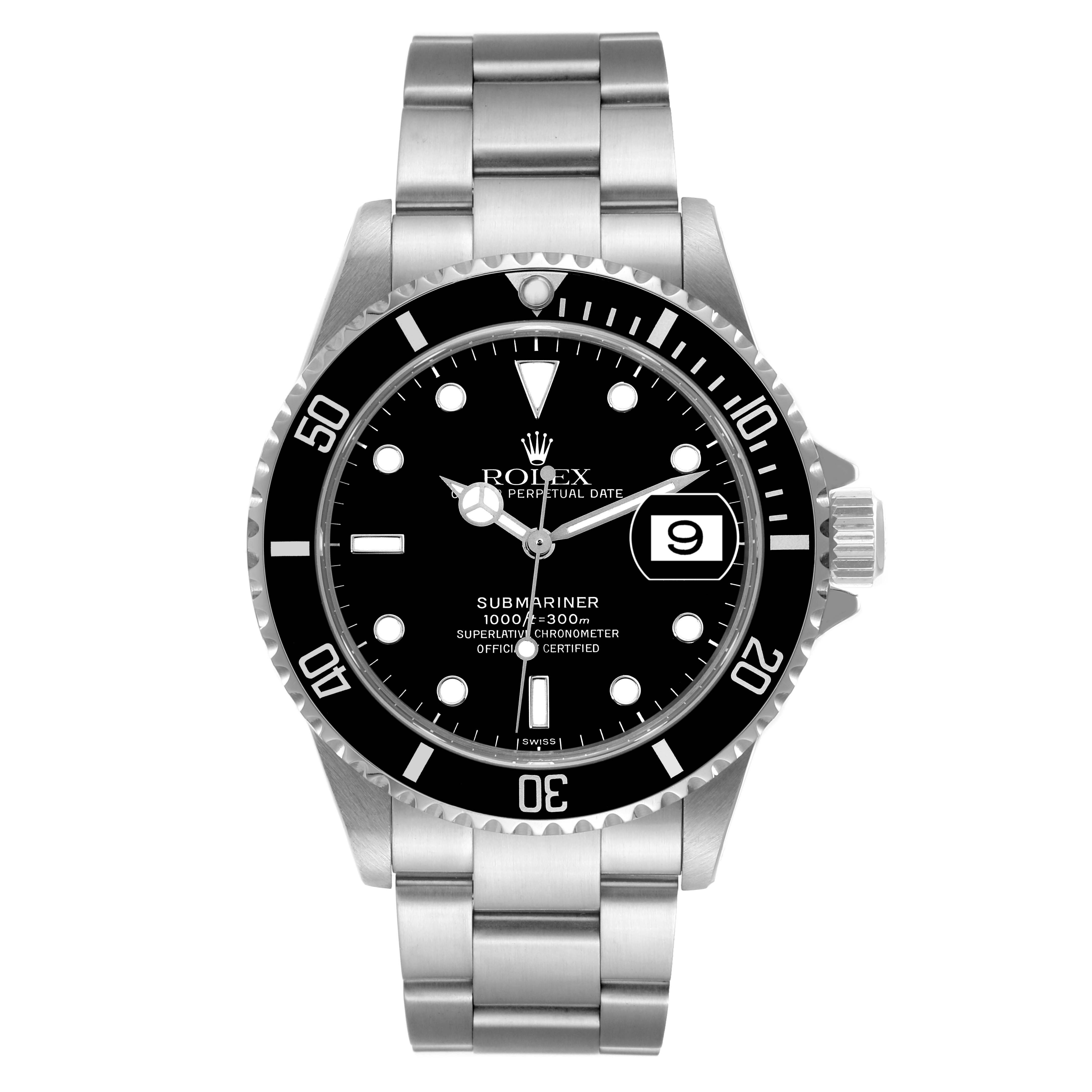 The image shows a Rolex Submariner 16610 Men
s Stainless Steel Black Dial 16610 Men
s Stainless Steel Black Dial watch from a front angle, clearly displaying its face, bezel, and bracelet.