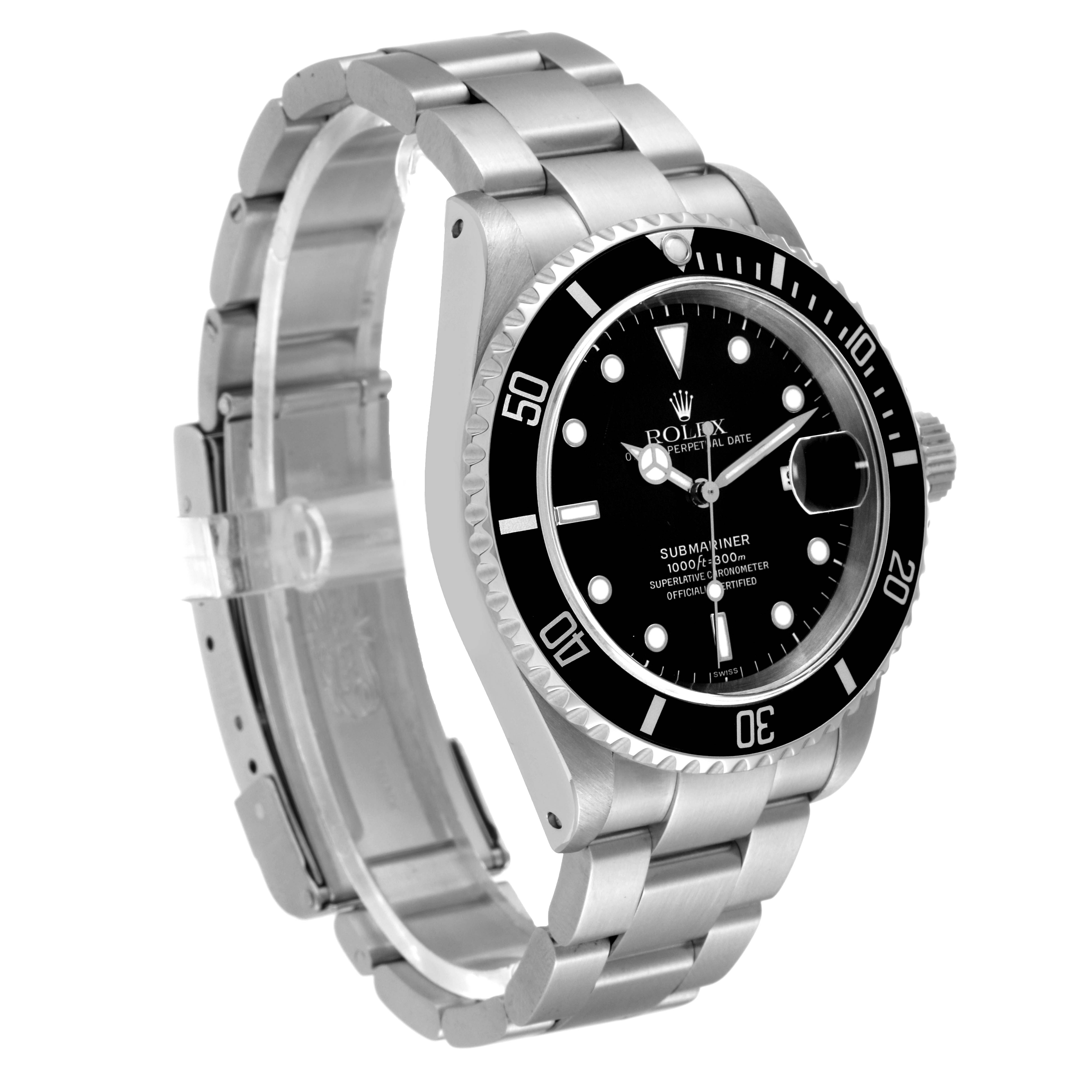 The Rolex Submariner 16610 Men
s Stainless Steel Black Dial 16610 Men
s Stainless Steel Black Dial watch is shown from an angled front view, displaying the face, bezel, and bracelet.