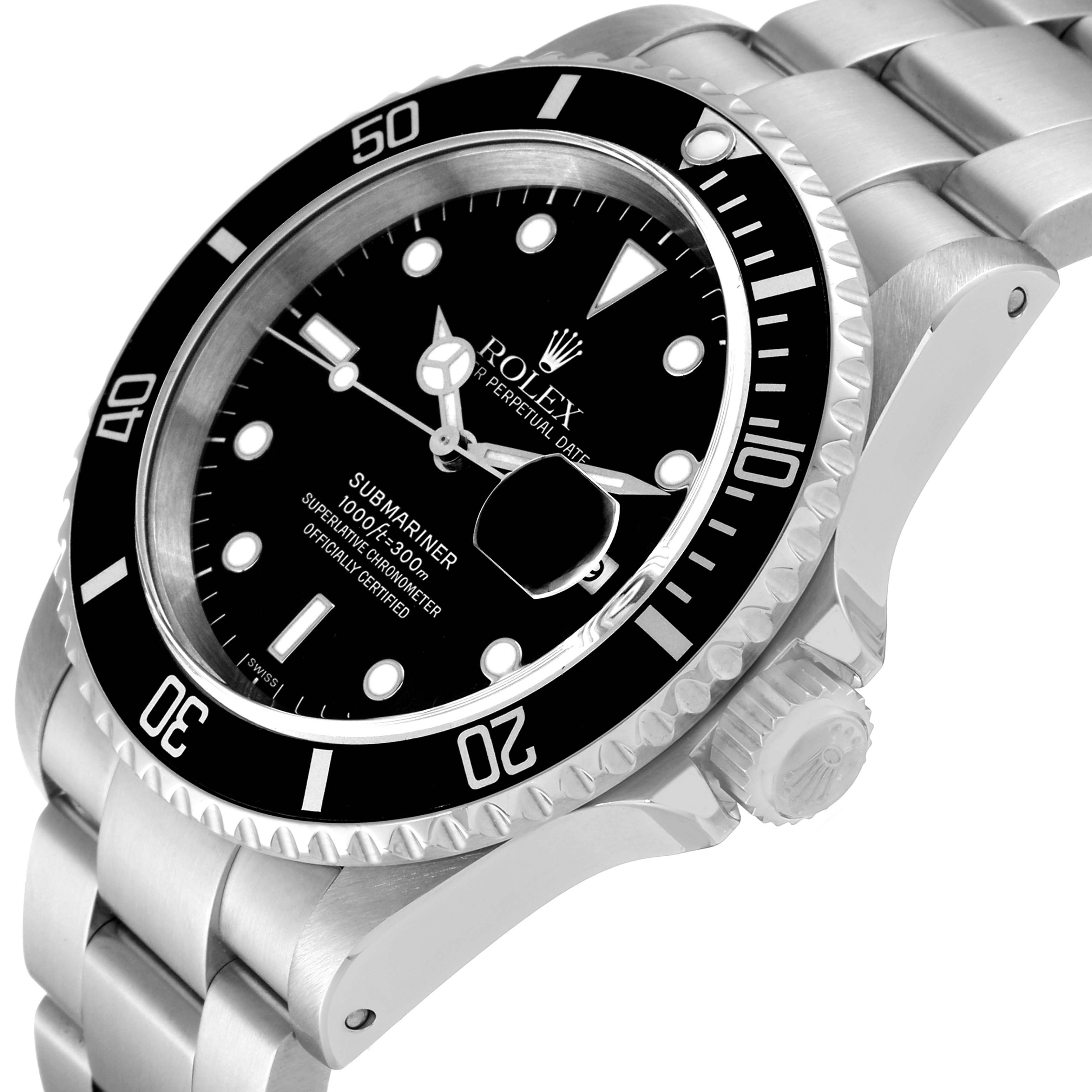 The image shows a Rolex Submariner 16610 Men
s Stainless Steel Black Dial 16610 Men
s Stainless Steel Black Dial watch at a 3/4 angle, highlighting the face, bezel, and part of the bracelet.