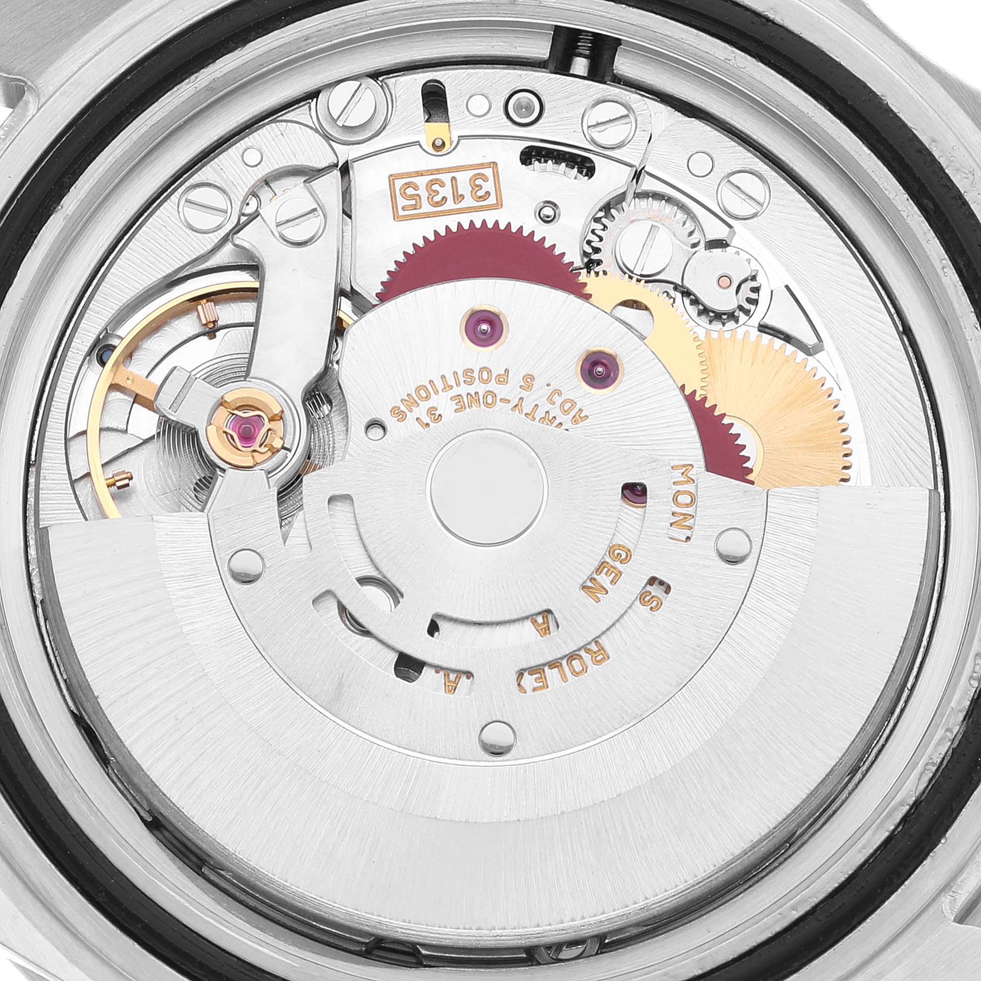 The image shows a close-up view of the intricate inner mechanism of a Rolex Submariner 16610 Men
s Stainless Steel Black Dial 16610 Men
s Stainless Steel Black Dial watch.