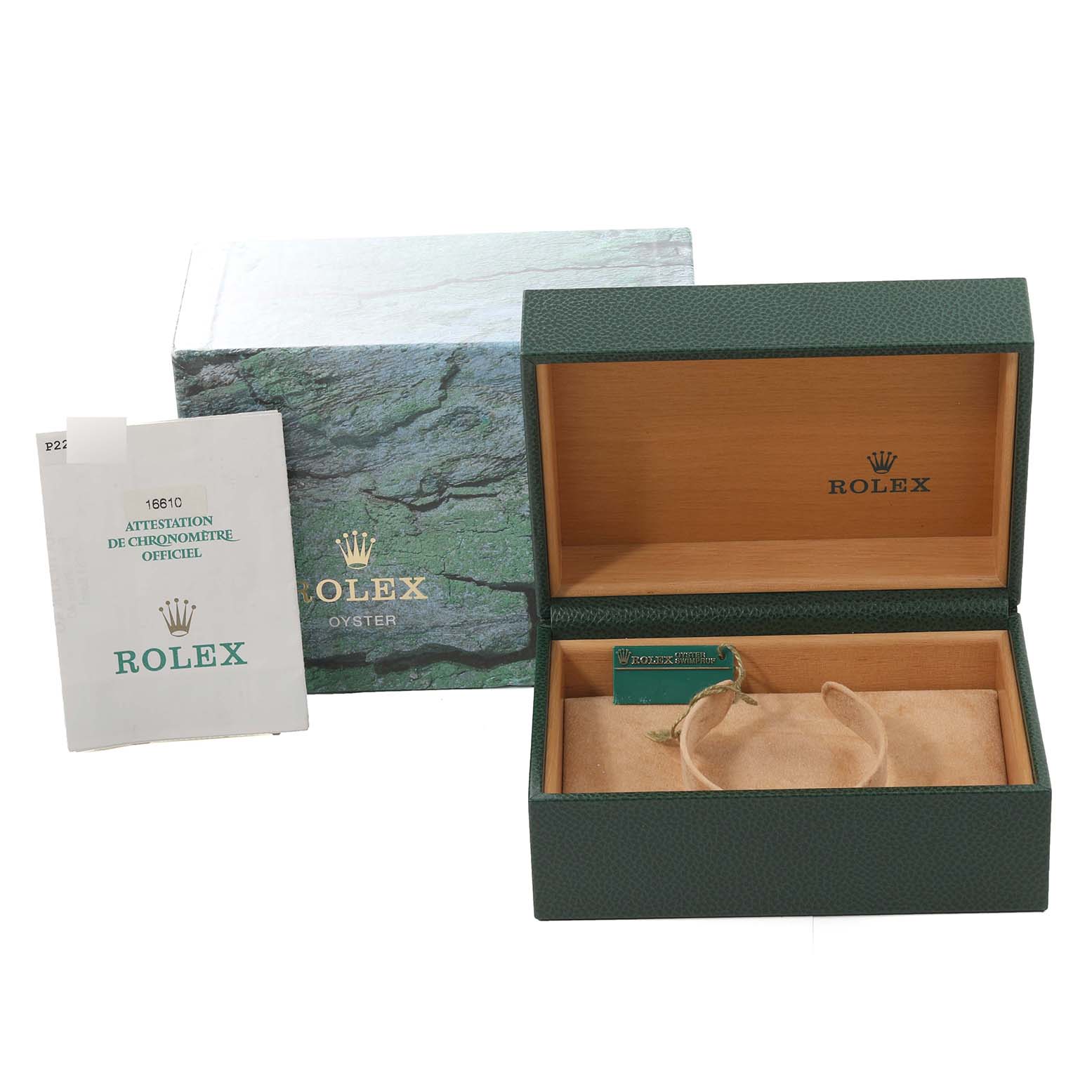 The image shows a Rolex Submariner 16610 Men
s Stainless Steel Black Dial 16610 Men
s Stainless Steel Black Dial box, an outer box, and accompanying documentation from a front angle.