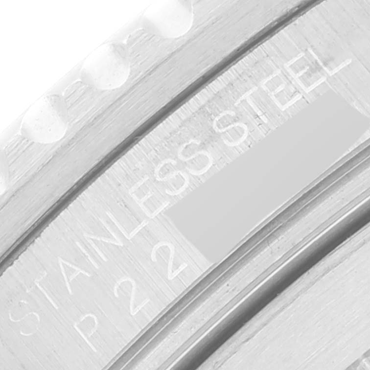 This close-up image of a Rolex Submariner 16610 Men
s Stainless Steel Black Dial 16610 Men
s Stainless Steel Black Dial watch shows the stainless steel bezel and engraved markings.