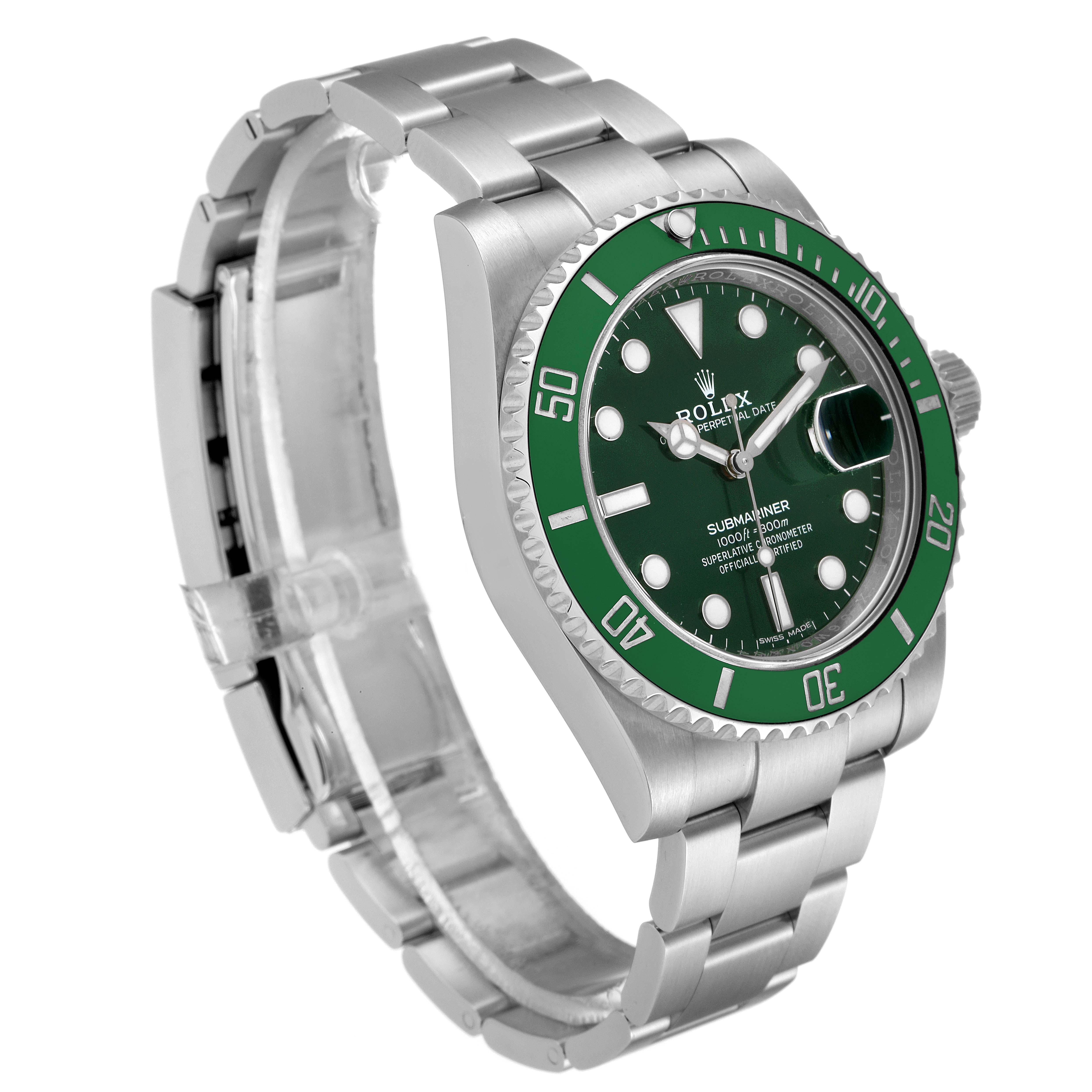 The image shows a Rolex Submariner 116610LV Men
s Stainless Steel Green Dial 116610LV Men
s Stainless Steel Green Dial watch at an angle displaying the face, bezel, and part of the bracelet.
