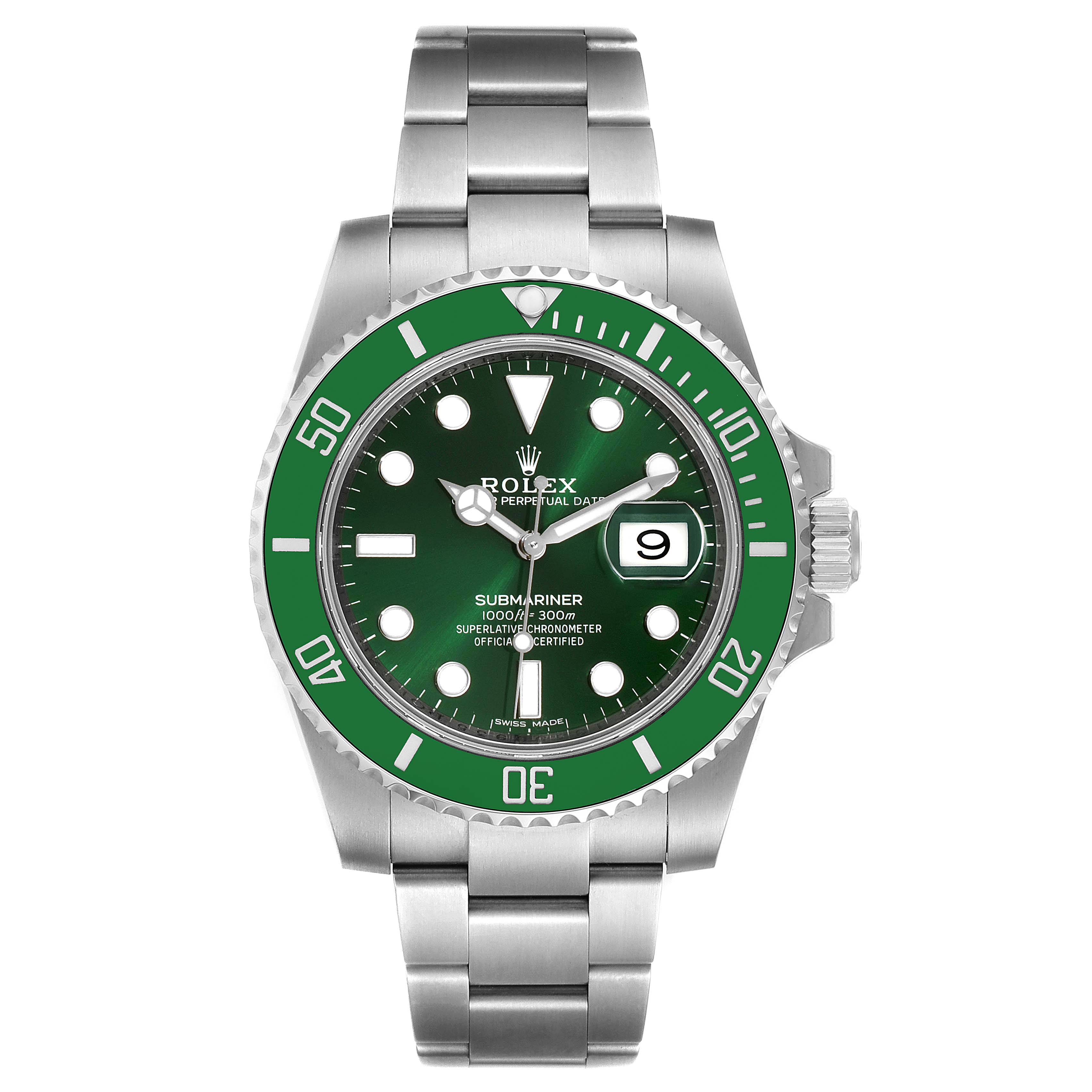 The image shows a front view of a Rolex Submariner 116610LV Men
s Stainless Steel Green Dial 116610LV Men
s Stainless Steel Green Dial watch, highlighting its green bezel and dial, and stainless steel bracelet.