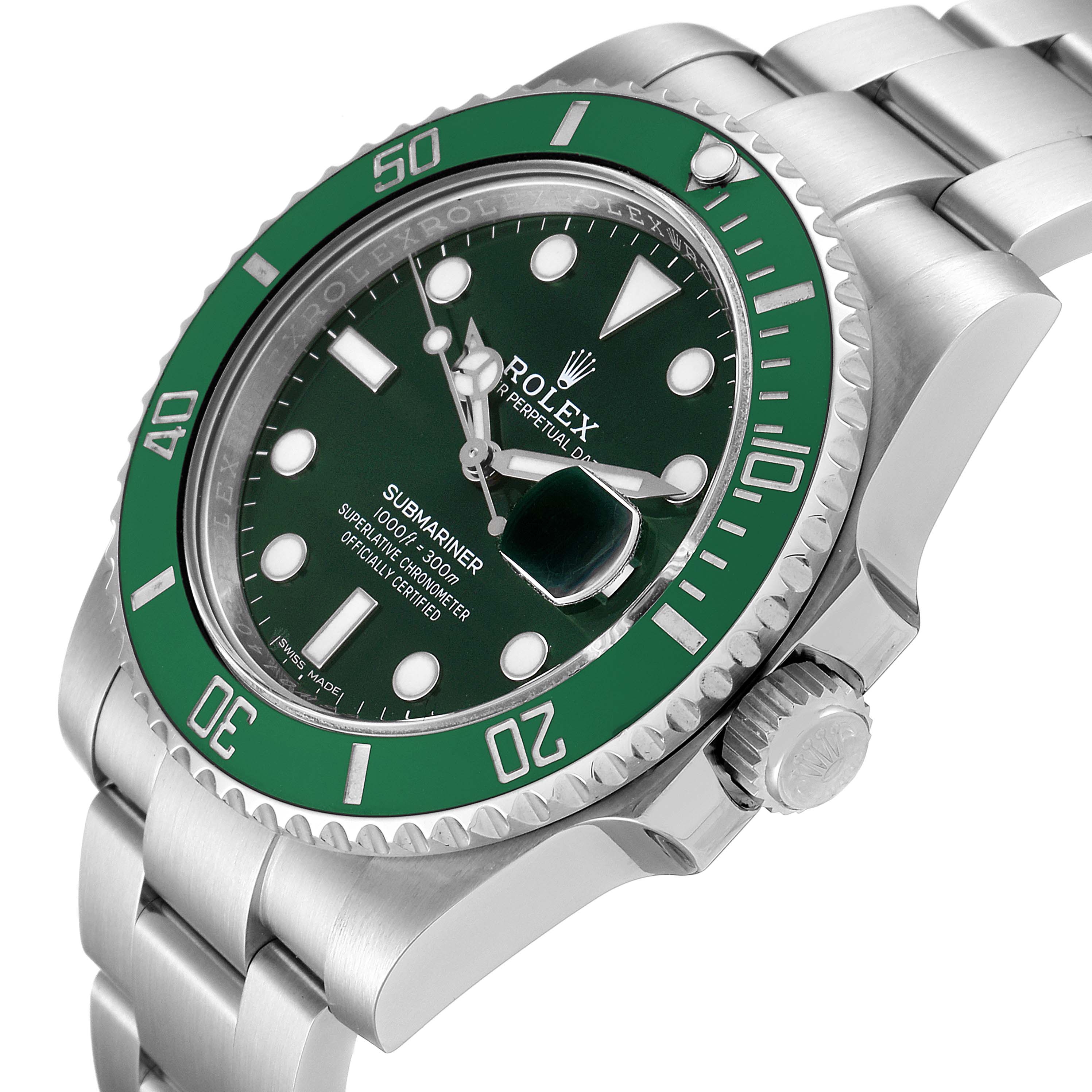 The image shows a Rolex Submariner 116610LV Men
s Stainless Steel Green Dial 116610LV Men
s Stainless Steel Green Dial watch from a slight side angle, highlighting the crown, green bezel, and bracelet.