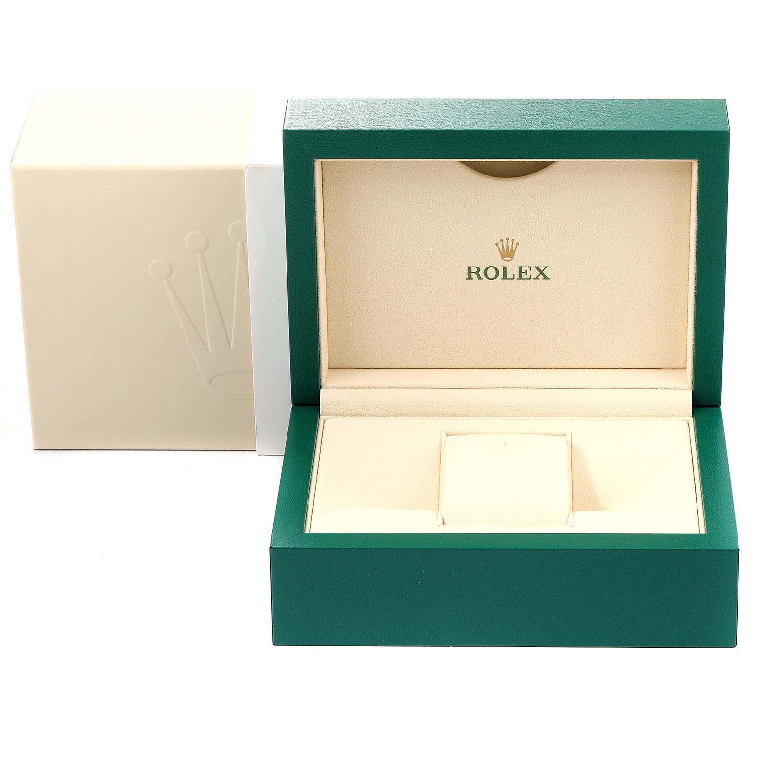 This image shows an open Rolex Submariner 116610LV Men
s Stainless Steel Green Dial 116610LV Men
s Stainless Steel Green Dial watch box, featuring the inner lining and the Rolex logo.