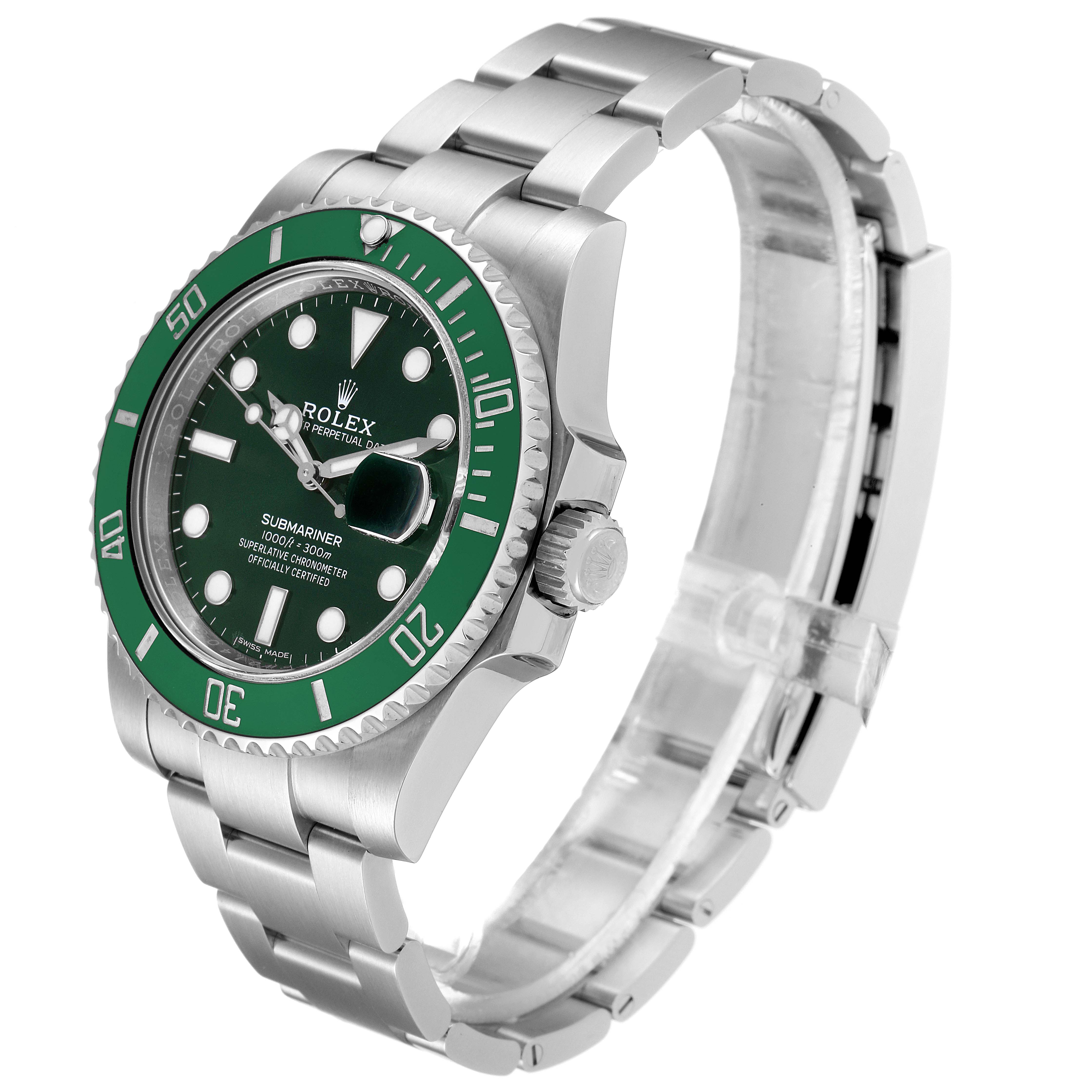 The Rolex Submariner 116610LV Men
s Stainless Steel Green Dial 116610LV Men
s Stainless Steel Green Dial watch is shown at a three-quarter angle, highlighting the green bezel, dial, and stainless steel bracelet.