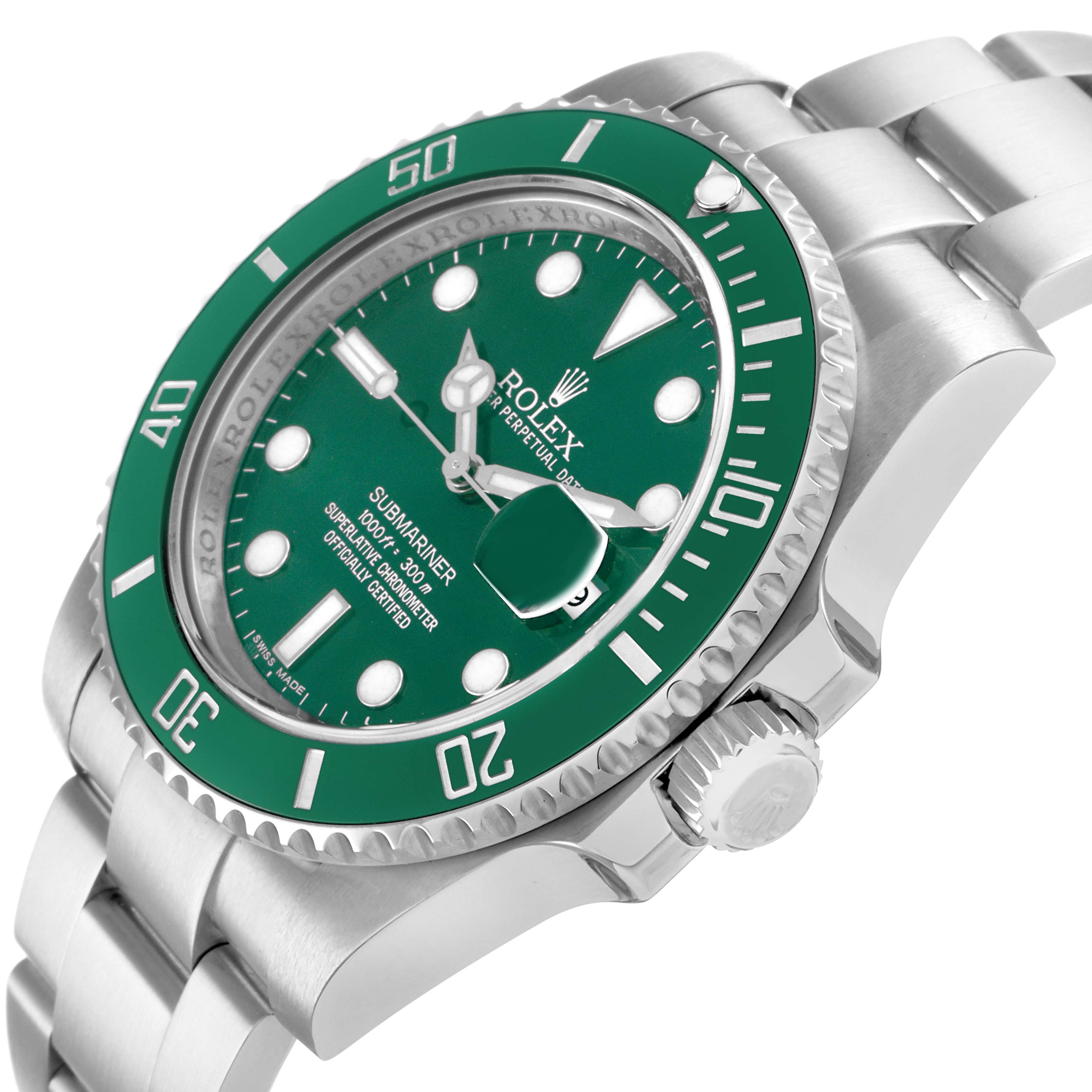 The Rolex Submariner 116610LV Men
s Stainless Steel Green Dial watch is shown at an angle emphasizing the green bezel, dial, crown, and part of the bracelet.