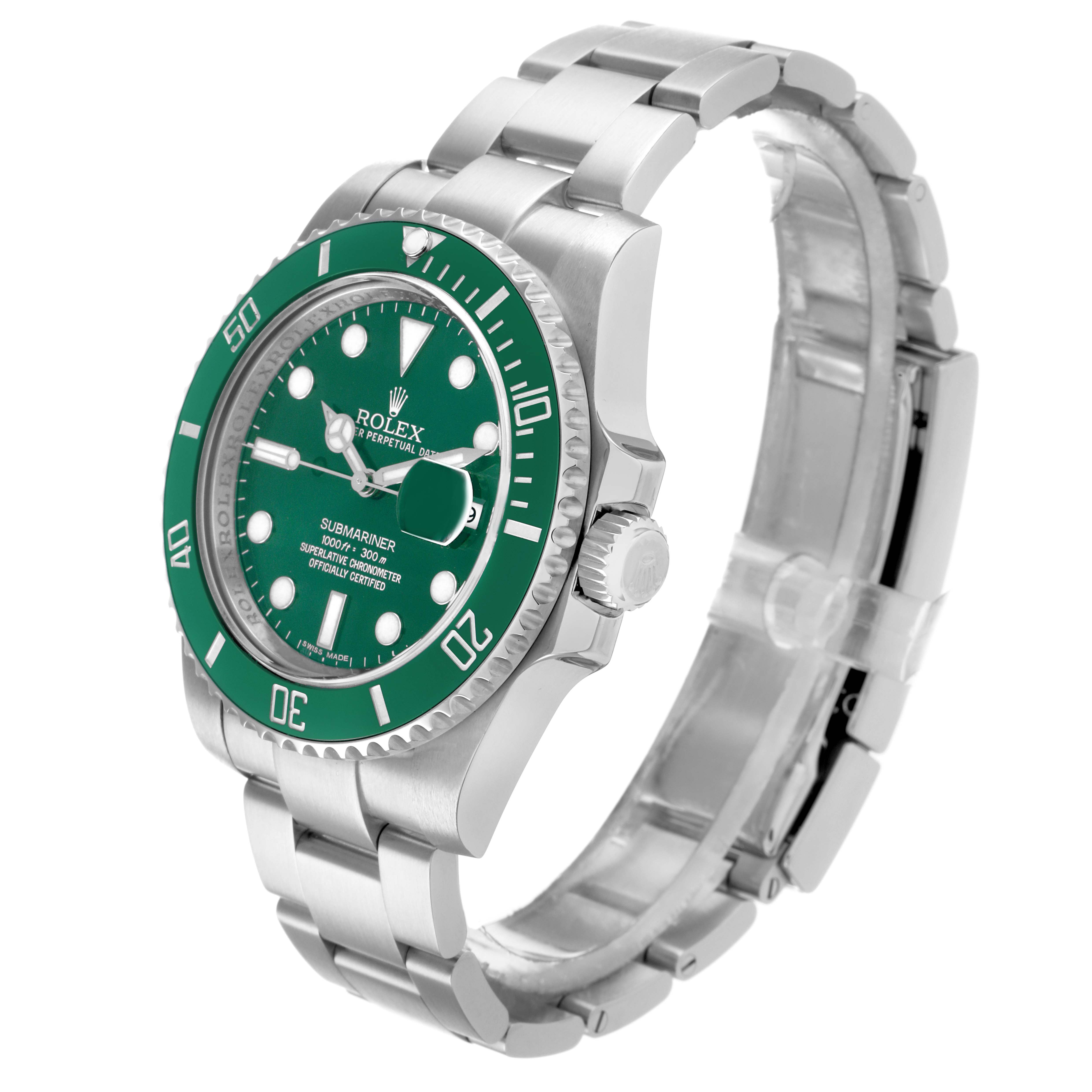 The image shows a Rolex Submariner 116610LV Men
s Stainless Steel Green Dial watch at a three-quarter angle, highlighting the green bezel, dial, and stainless steel bracelet.