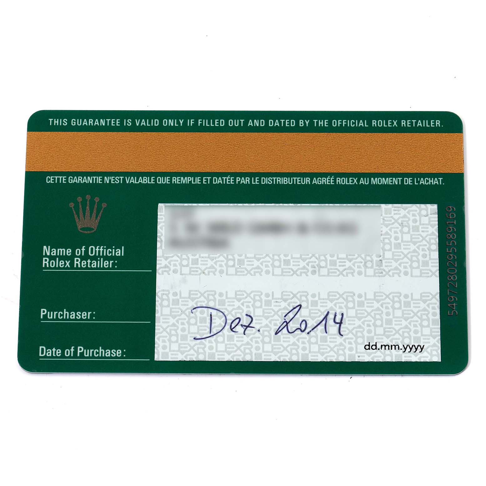 The image shows a Rolex guarantee card for the Submariner model, detailing retailer and purchase information.