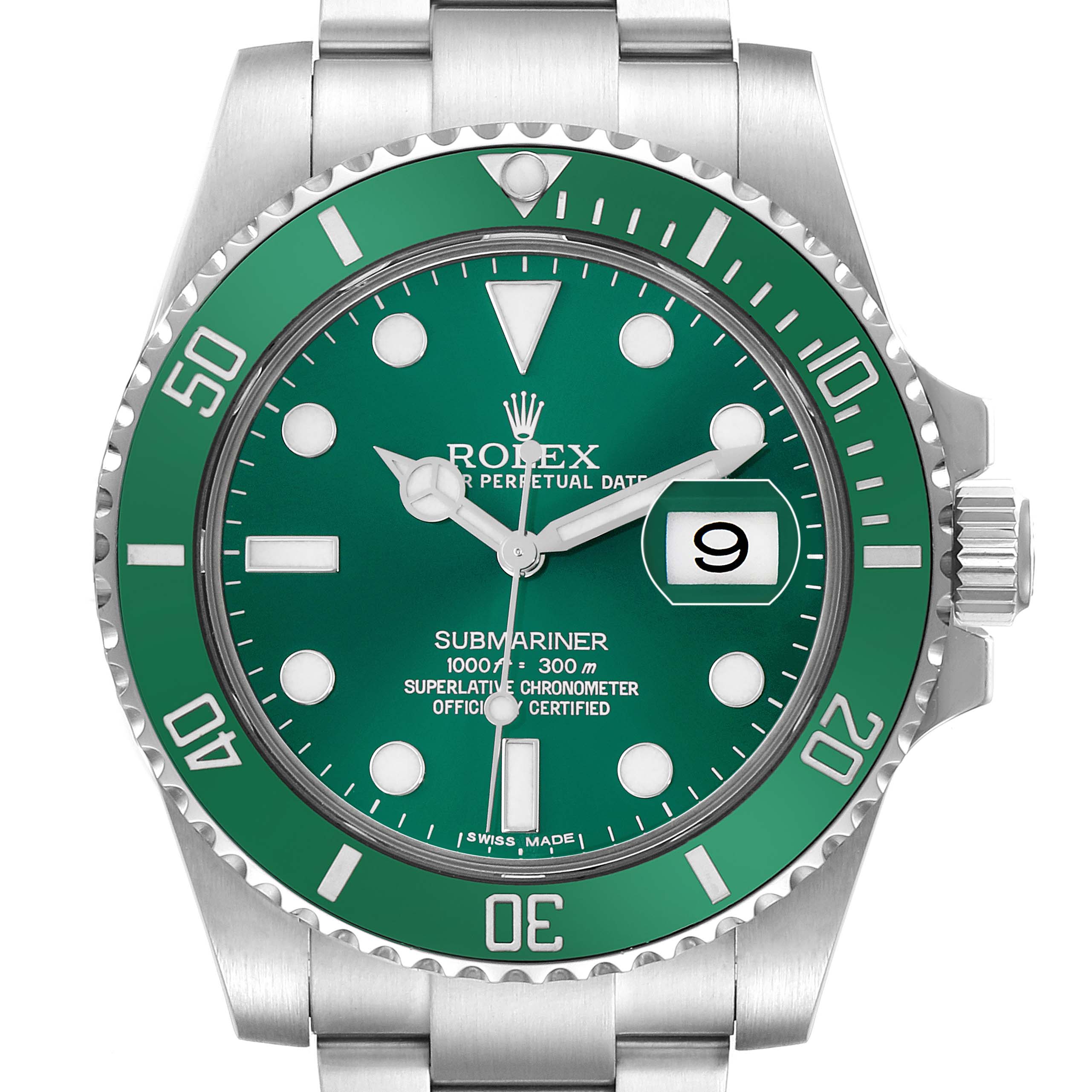 The Rolex Submariner 116610LV Men
s Stainless Steel Green Dial is shown from a top-down view, highlighting the green bezel, dial, and part of the bracelet.