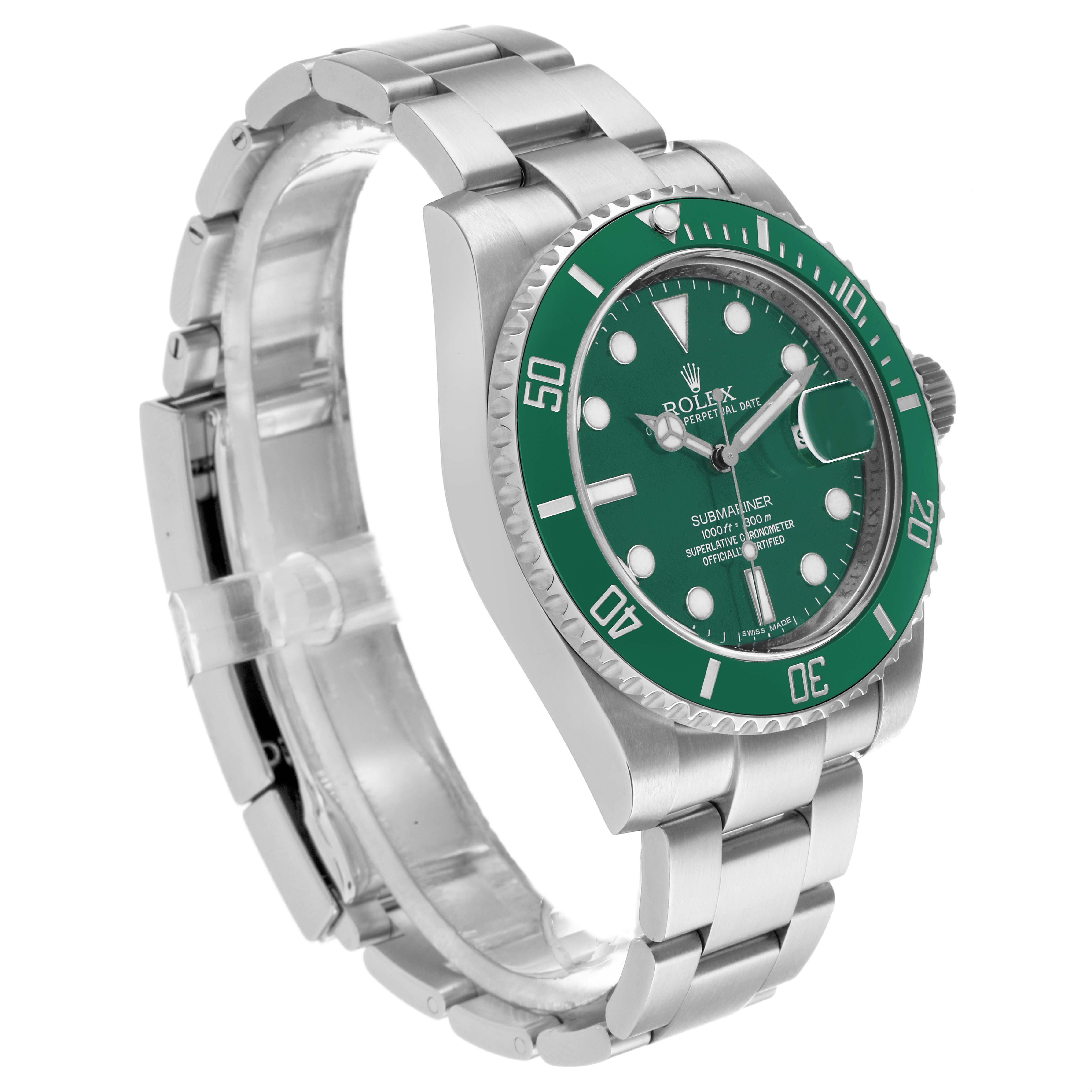 The Rolex Submariner 116610LV Men
s Stainless Steel Green Dial is shown at a three-quarter angle, highlighting the green bezel, dial, and metal bracelet.