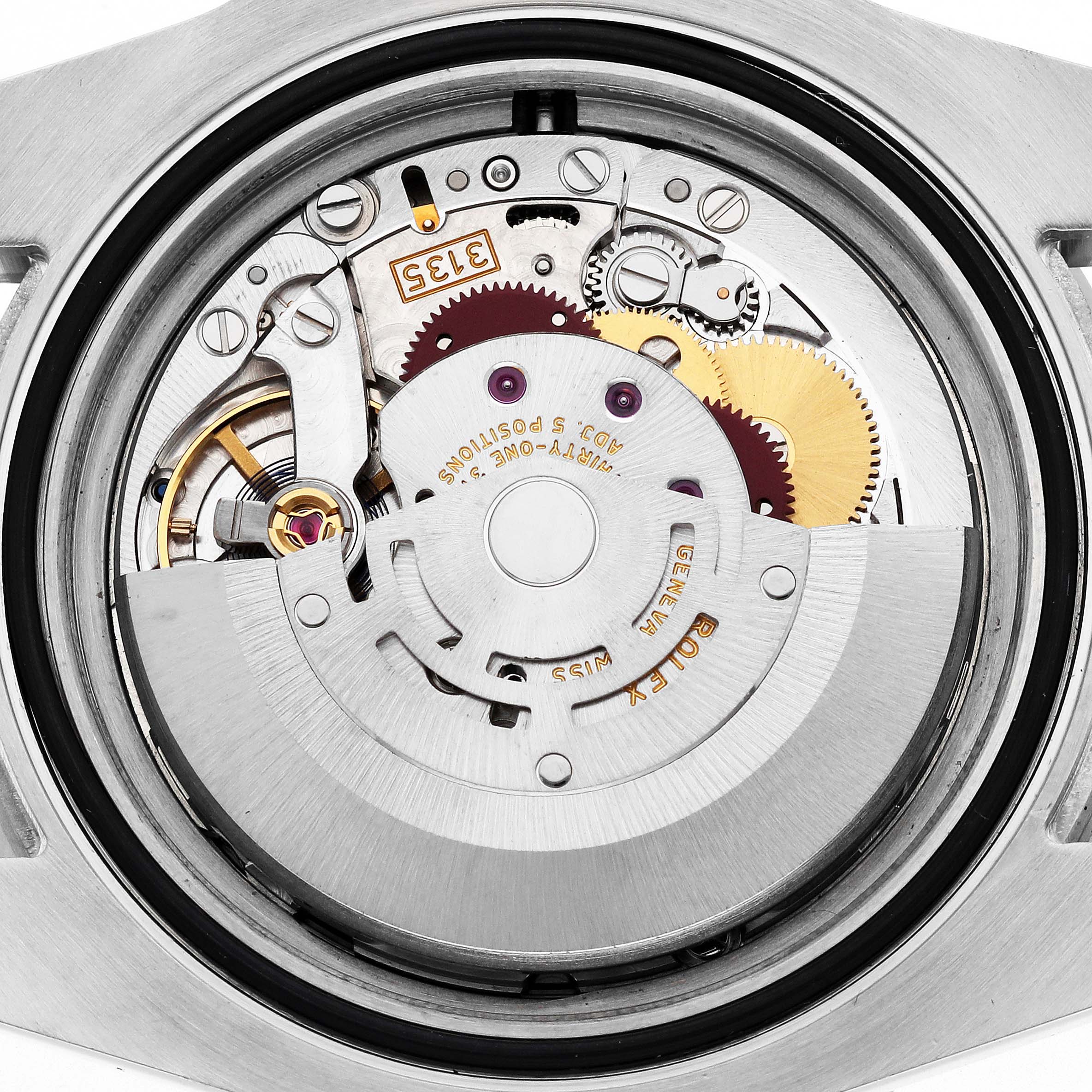 The image shows the movement and internal components of a Rolex Submariner 116610LV Men
s Stainless Steel Green Dial, viewed from the back.