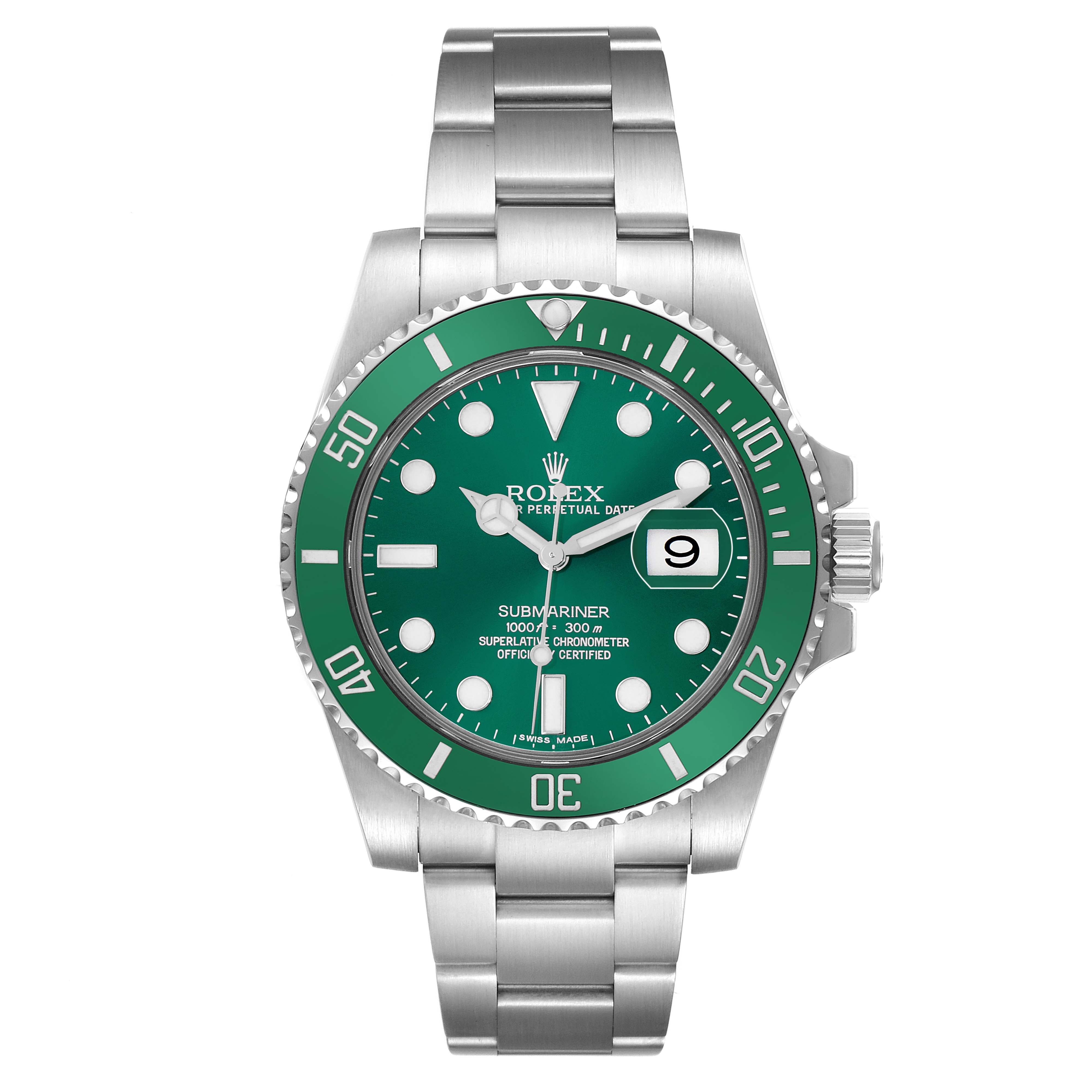 The image shows a frontal view of the Rolex Submariner 116610LV Men
s Stainless Steel Green Dial watch, featuring the bezel, dial, bracelet, and date window.