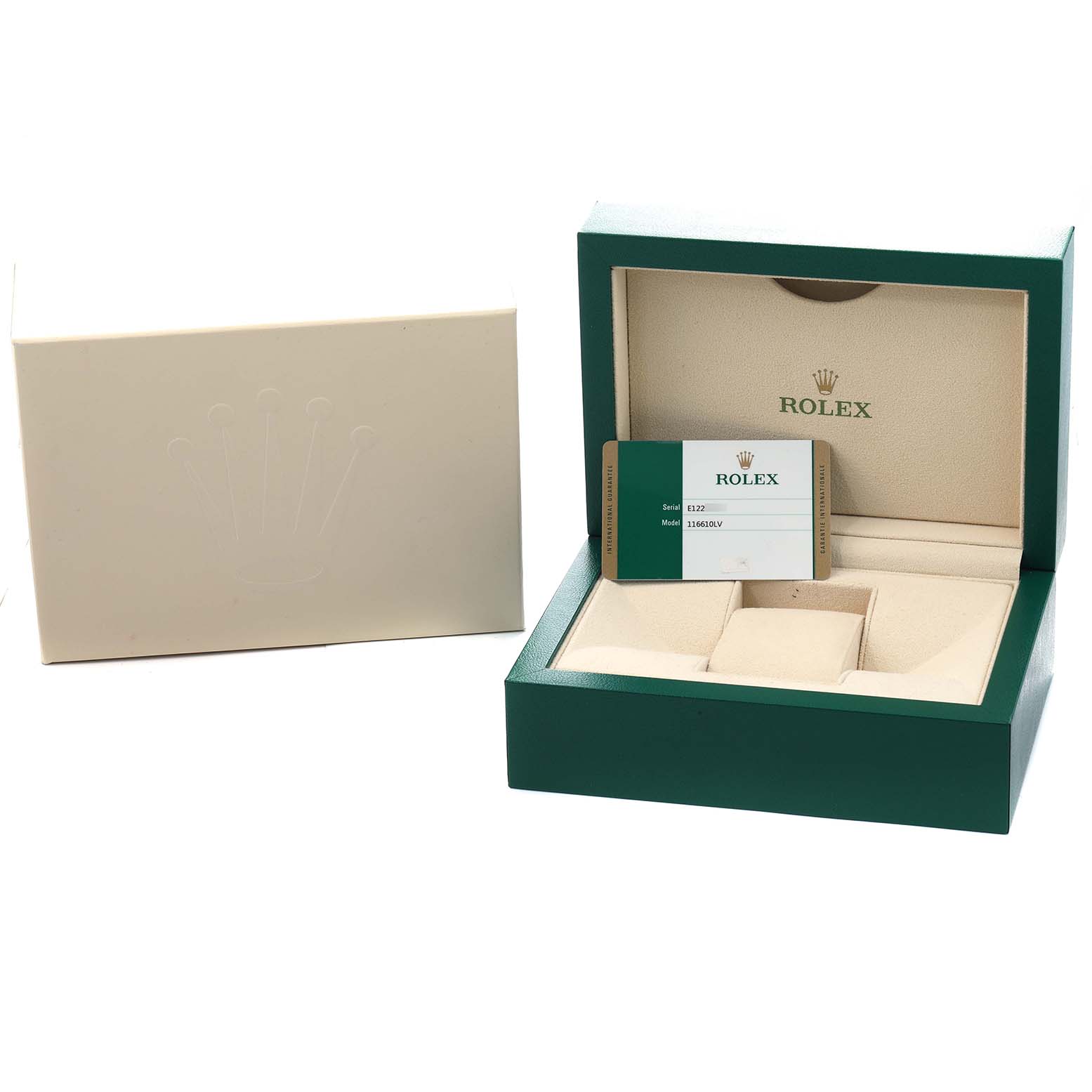 The image shows the open box and card for a Rolex Submariner 116610LV Men
s Stainless Steel Green Dial, highlighting the packaging and warranty card.

