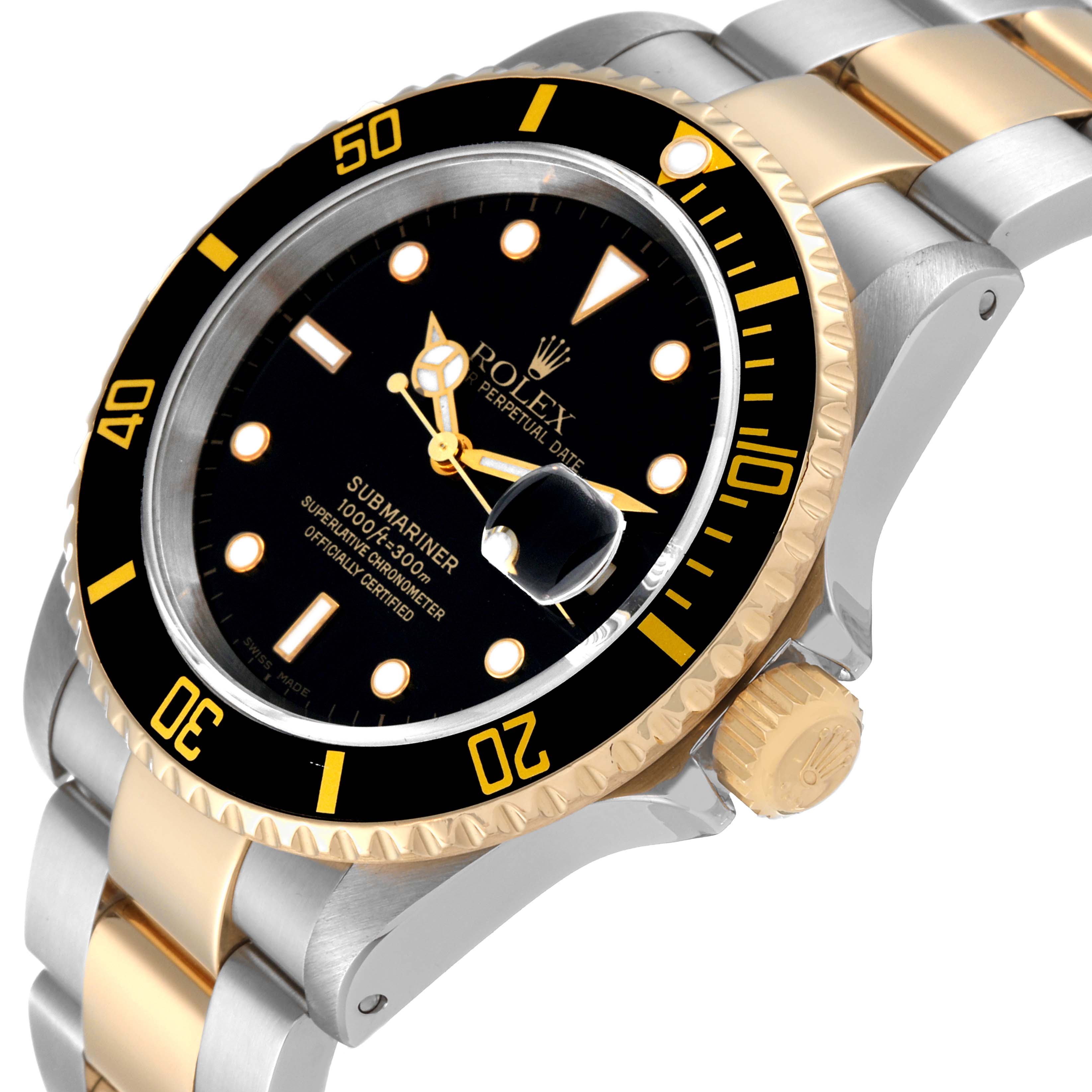 This image shows a close-up angle of a Rolex Submariner 16613 Men's Steel and Gold (two tone) Black Dial 16613 Men's Steel and Gold (two tone) Black Dial watch focusing on the dial, bezel, and part of the bracelet.