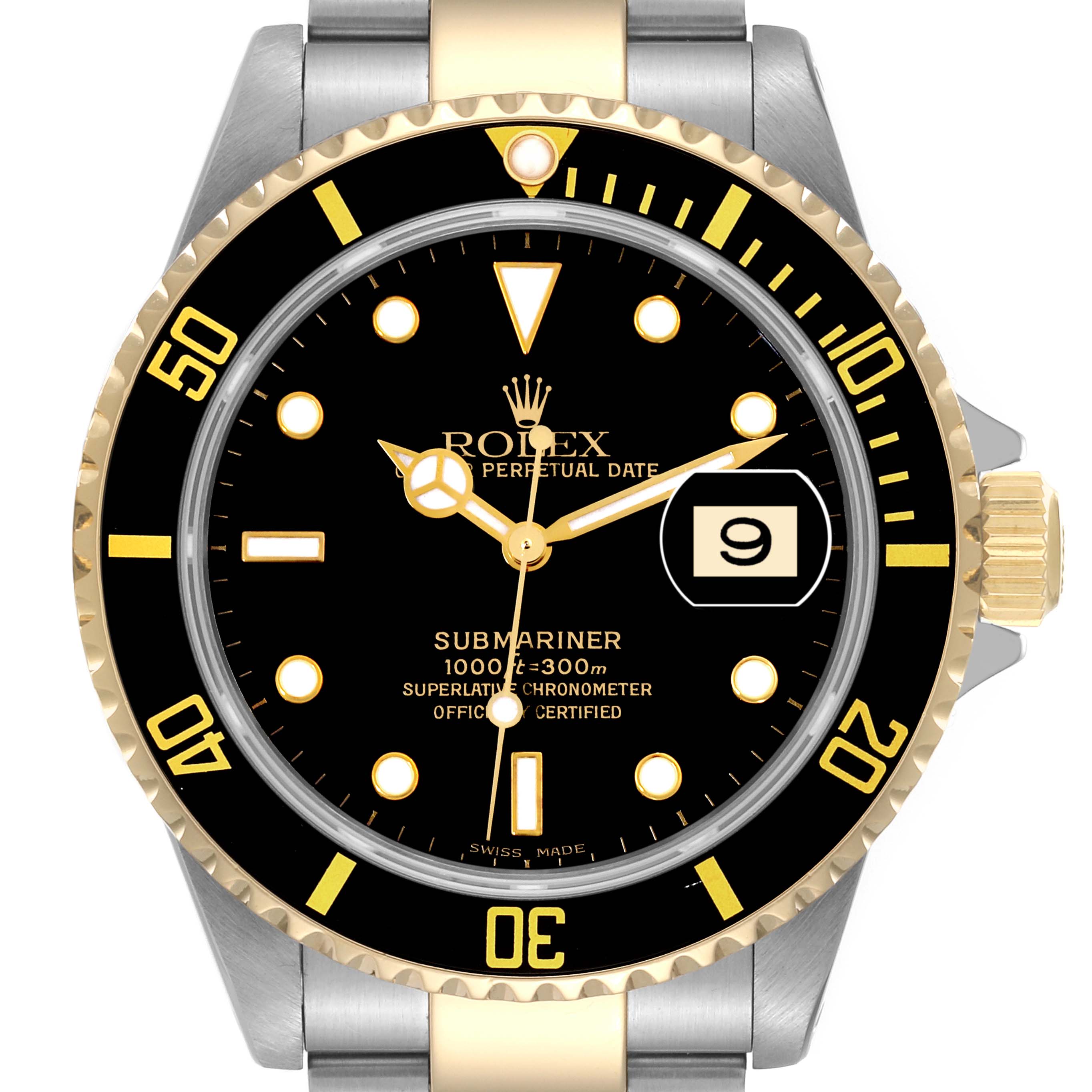 The image shows a front view of the Rolex Submariner 16613 Men's Steel and Gold (two tone) Black Dial 16613 Men's Steel and Gold (two tone) Black Dial watch, highlighting the dial, bezel, and partially the bracelet.