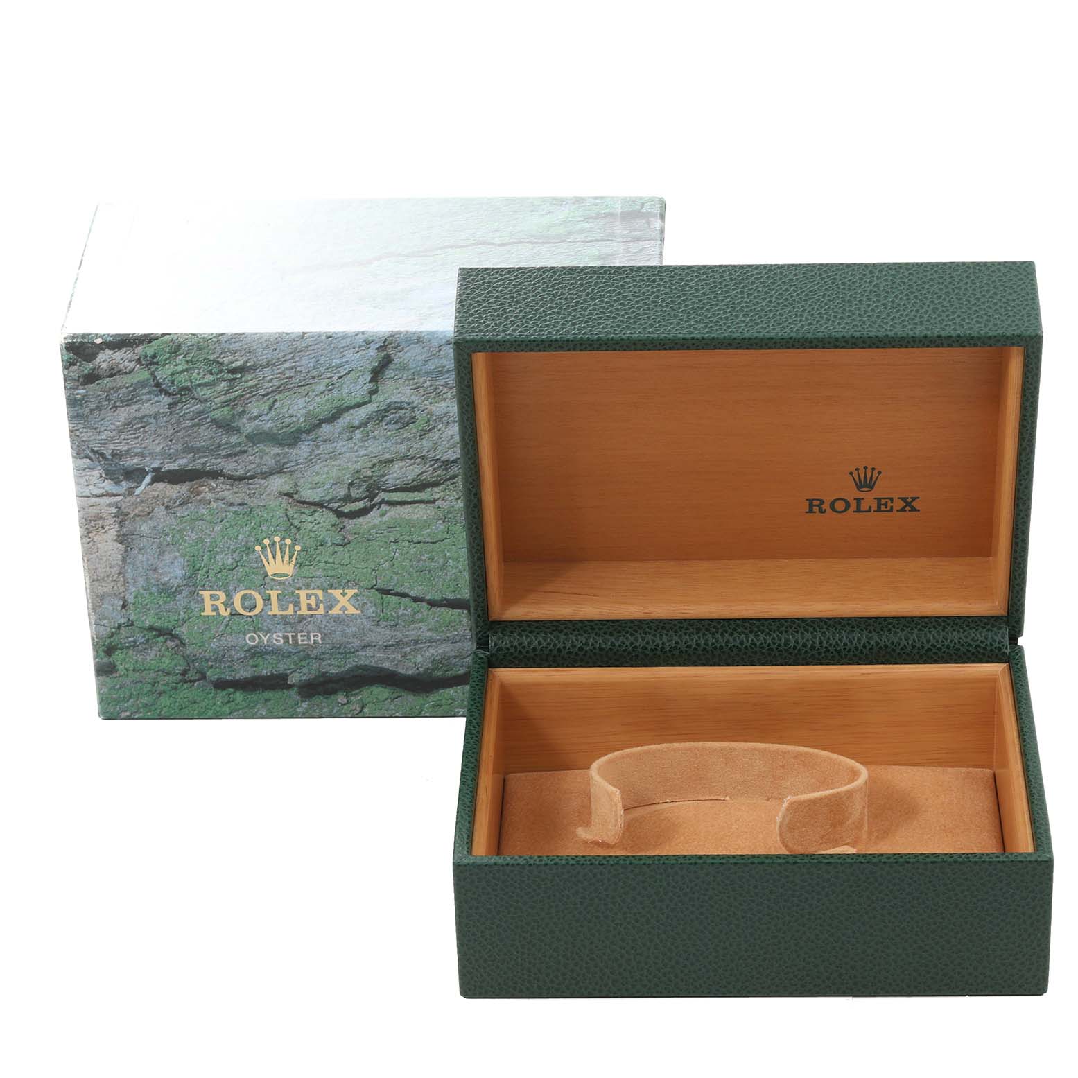 This image shows an open presentation box for a Rolex Submariner 16613 Men's Steel and Gold (two tone) Black Dial 16613 Men's Steel and Gold (two tone) Black Dial watch, featuring the Rolex logo and name inside.