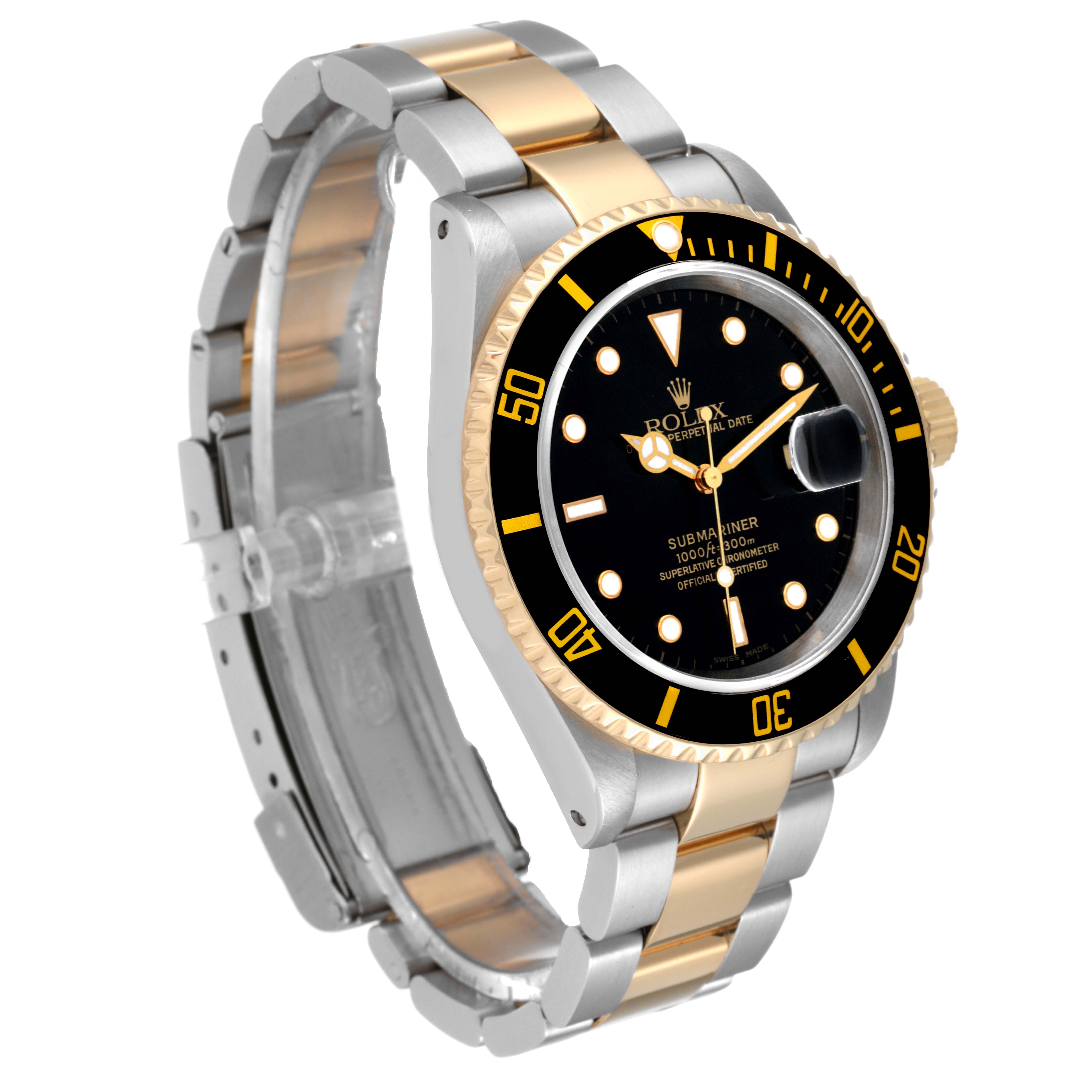 The Rolex Submariner 16613 Men's Steel and Gold (two tone) Black Dial 16613 Men's Steel and Gold (two tone) Black Dial model watch is shown at an angled side view, highlighting the bezel, dial, crown, and metal bracelet.