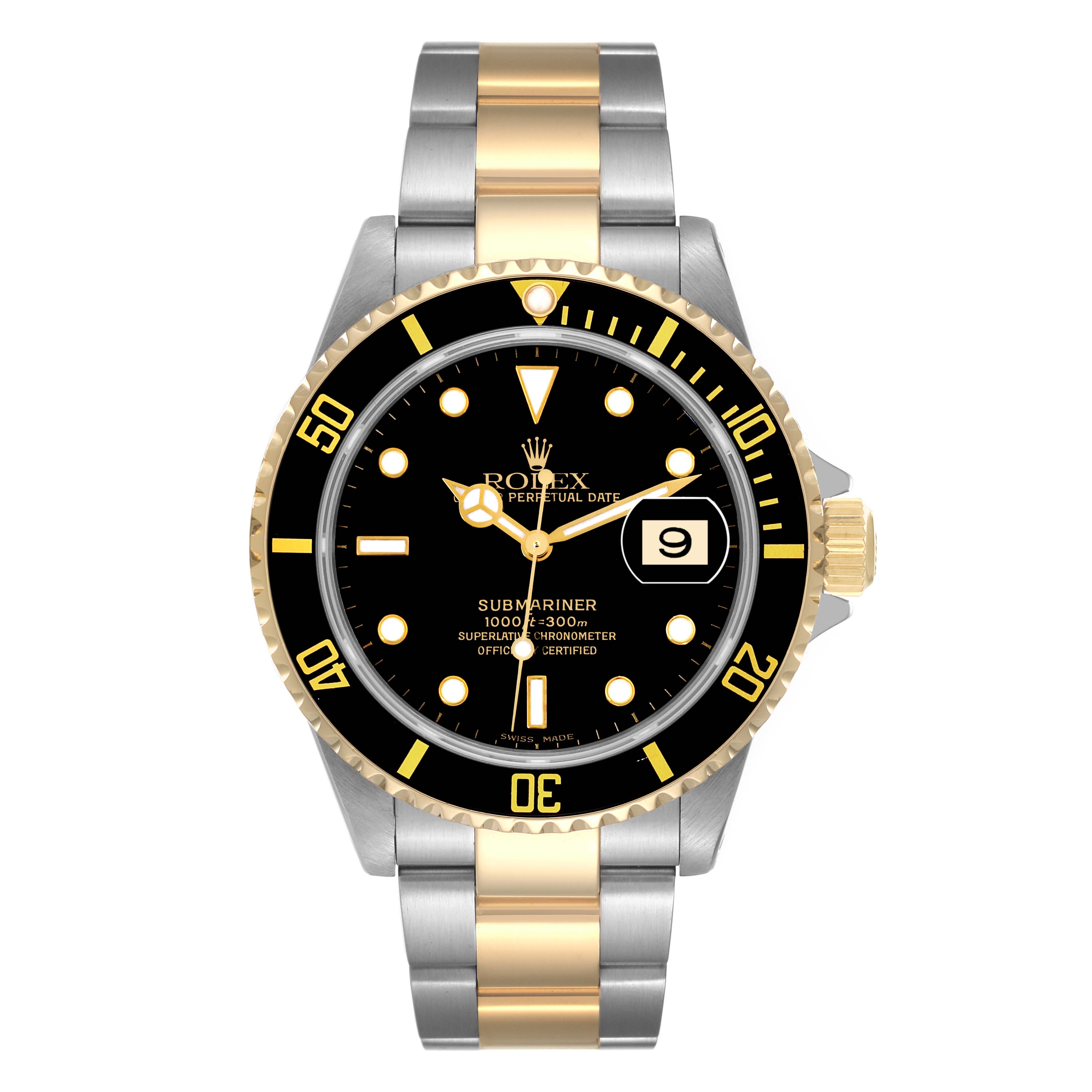 This image shows a frontal view of the Rolex Submariner 16613 Men's Steel and Gold (two tone) Black Dial 16613 Men's Steel and Gold (two tone) Black Dial watch, highlighting its black dial, two-tone bracelet, and date window.