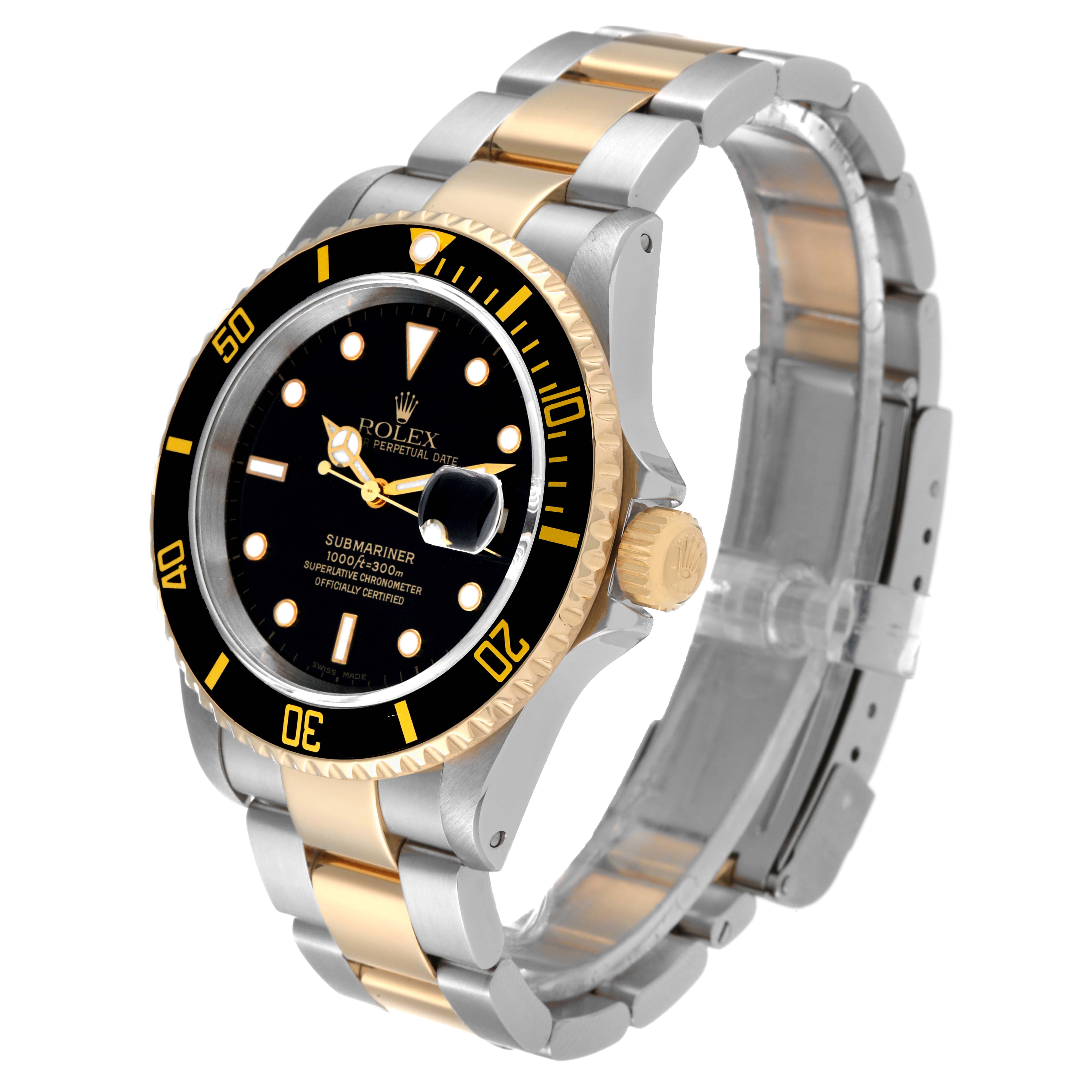 The image shows a Rolex Submariner 16613 Men's Steel and Gold (two tone) Black Dial 16613 Men's Steel and Gold (two tone) Black Dial watch at a slight angle, displaying its dial, bezel, crown, and two-tone metal bracelet.